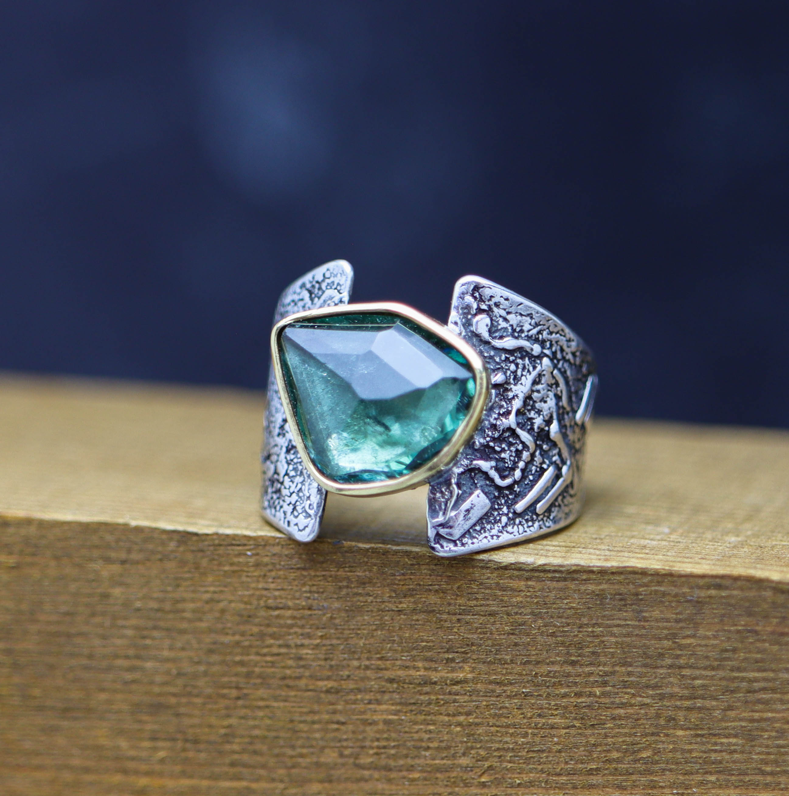 Blue-Green Tourmaline Ring in Sterling Silver & 22k Gold