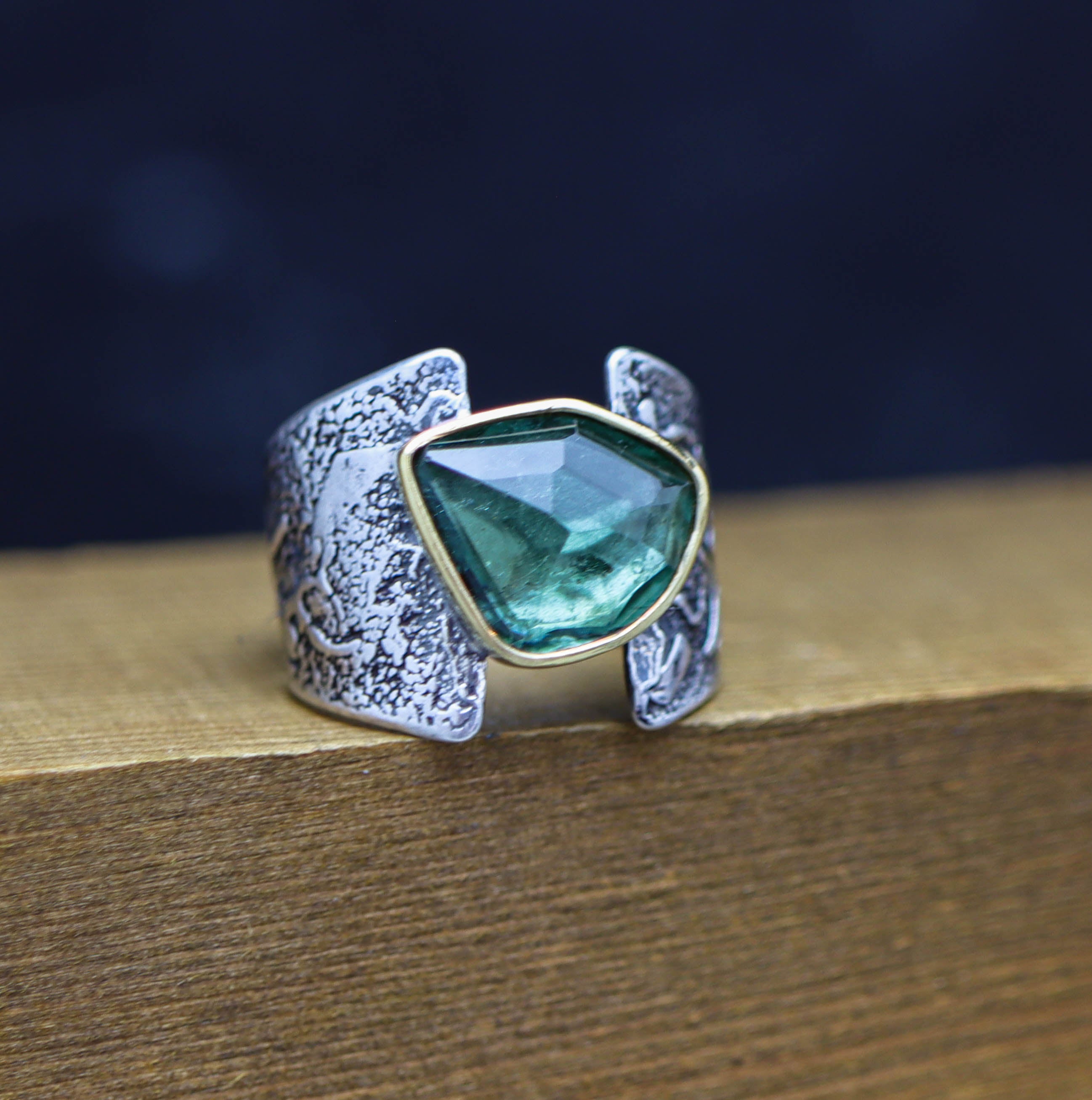 Blue-Green Tourmaline Ring in Sterling Silver & 22k Gold