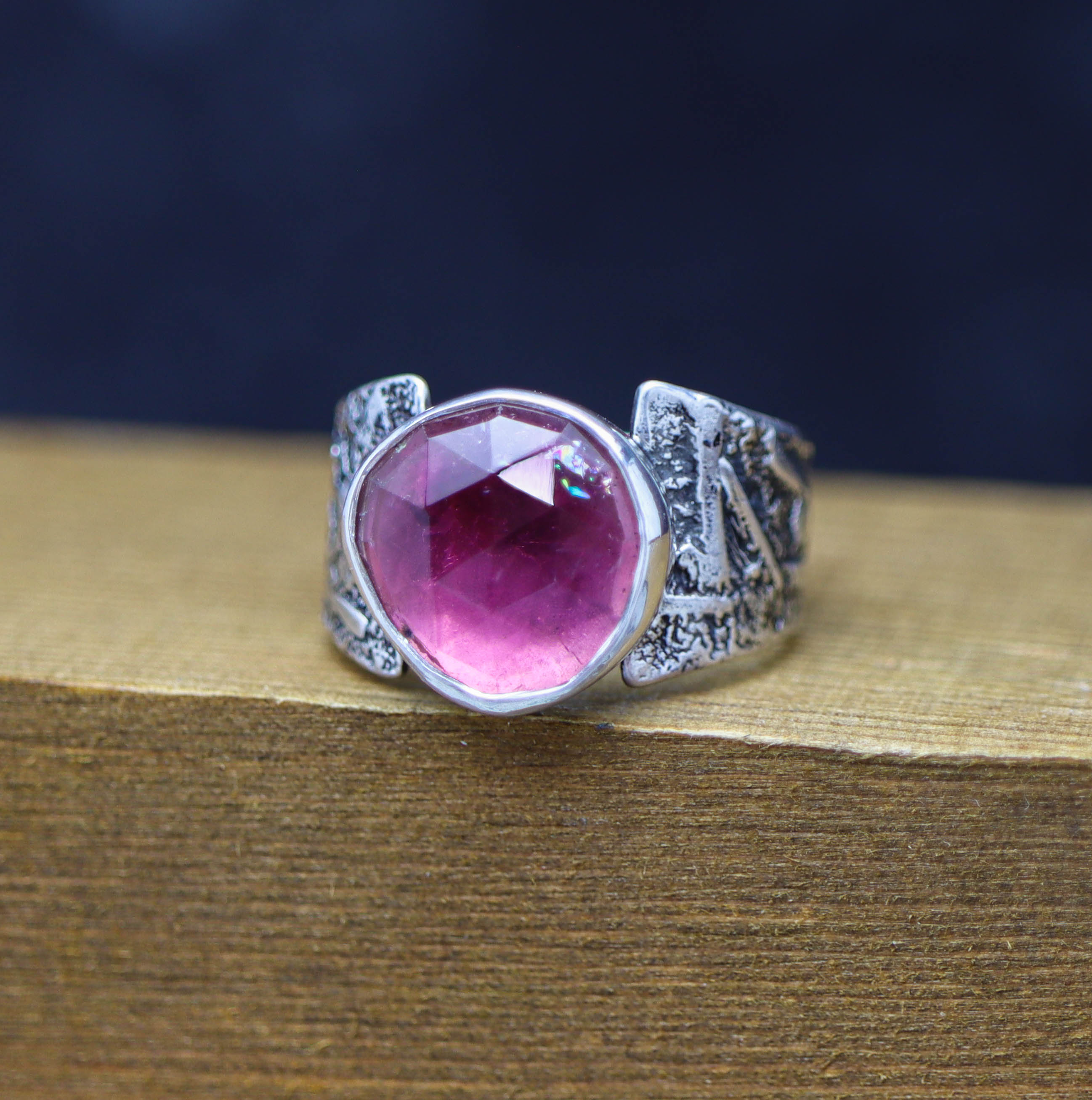 Pink Tourmaline Sterling Silver Wide Band Ring