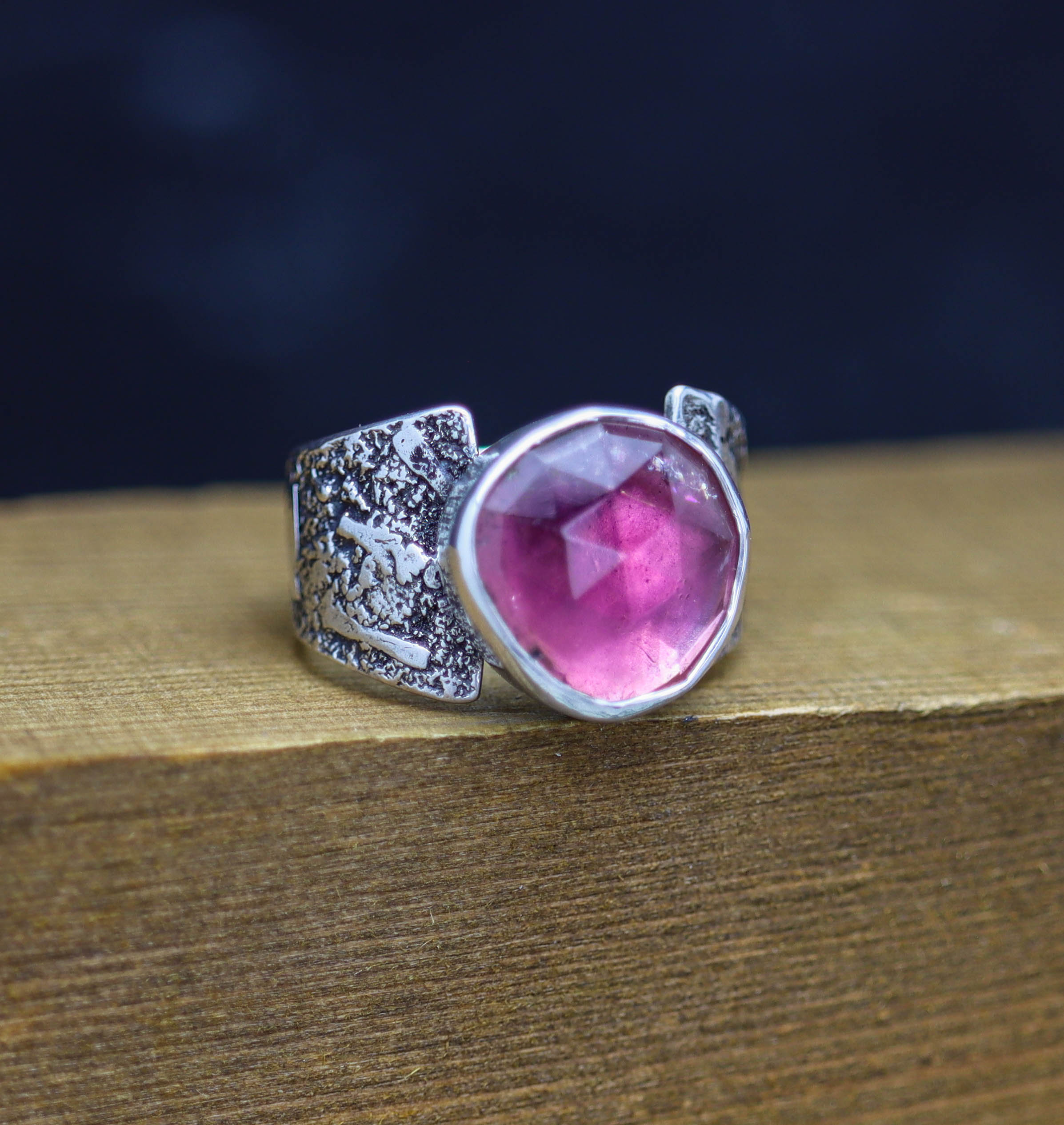 Pink Tourmaline Sterling Silver Wide Band Ring