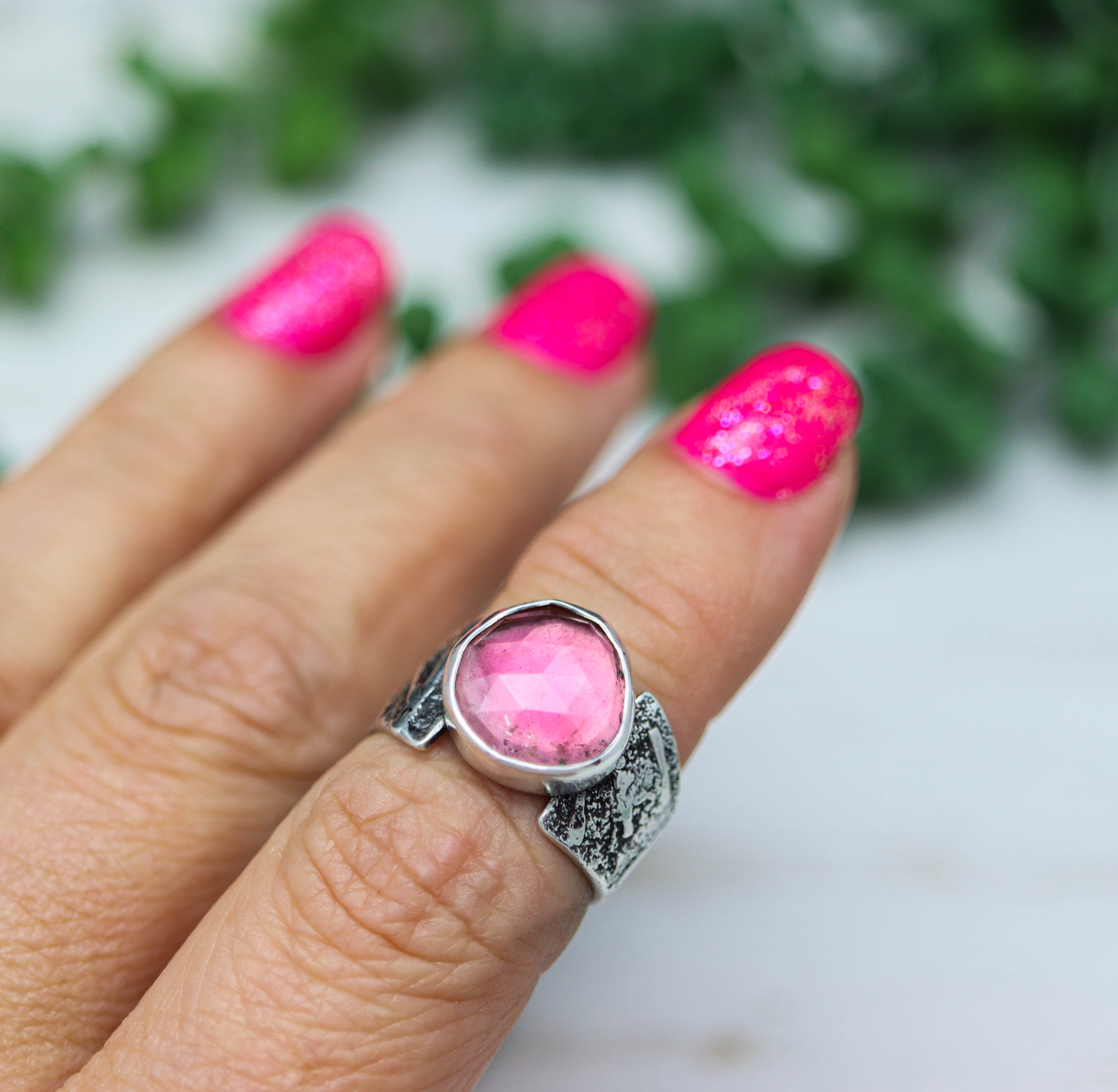Pink Tourmaline Sterling Silver Wide Band Ring
