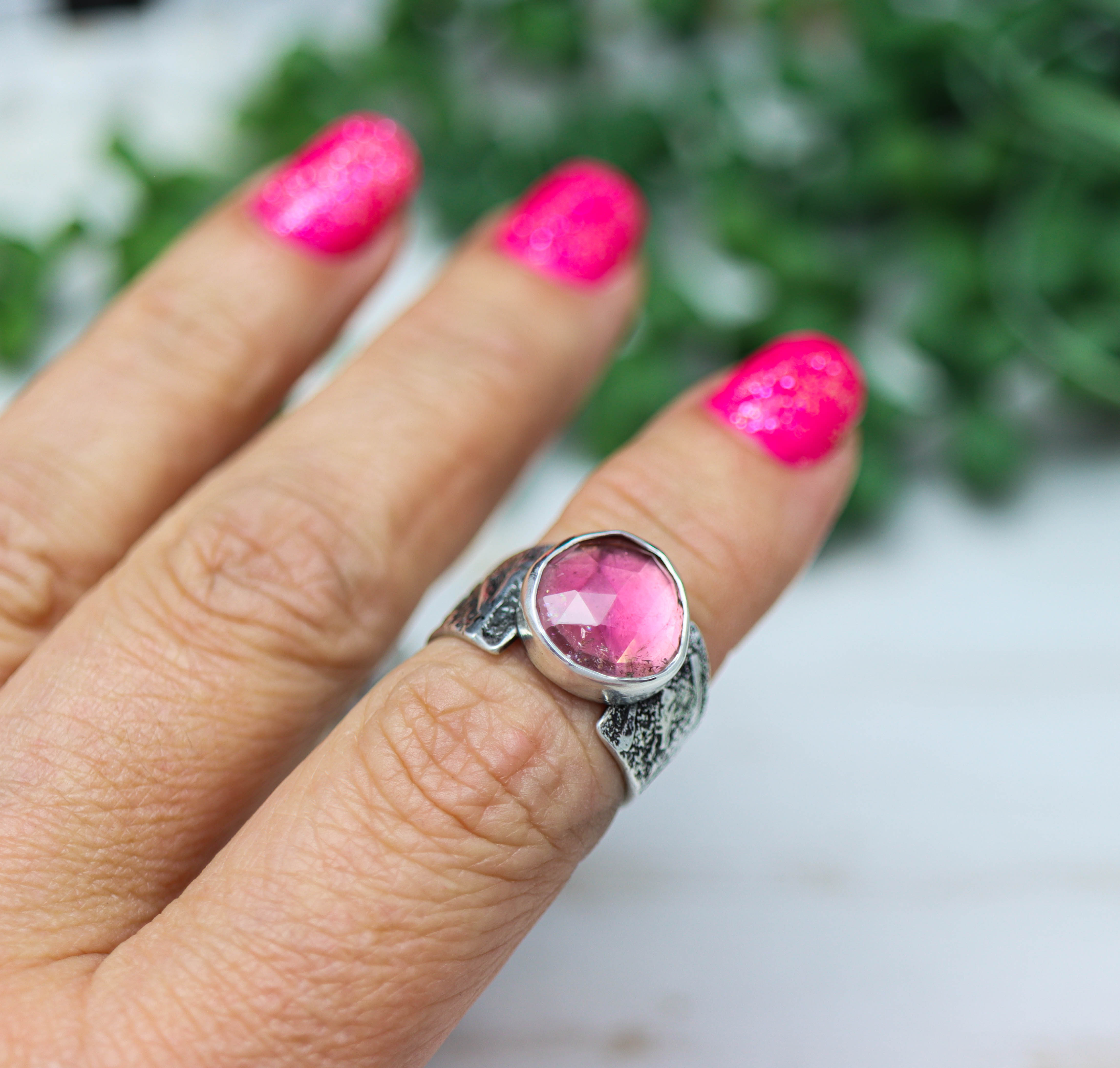 Pink Tourmaline Sterling Silver Wide Band Ring
