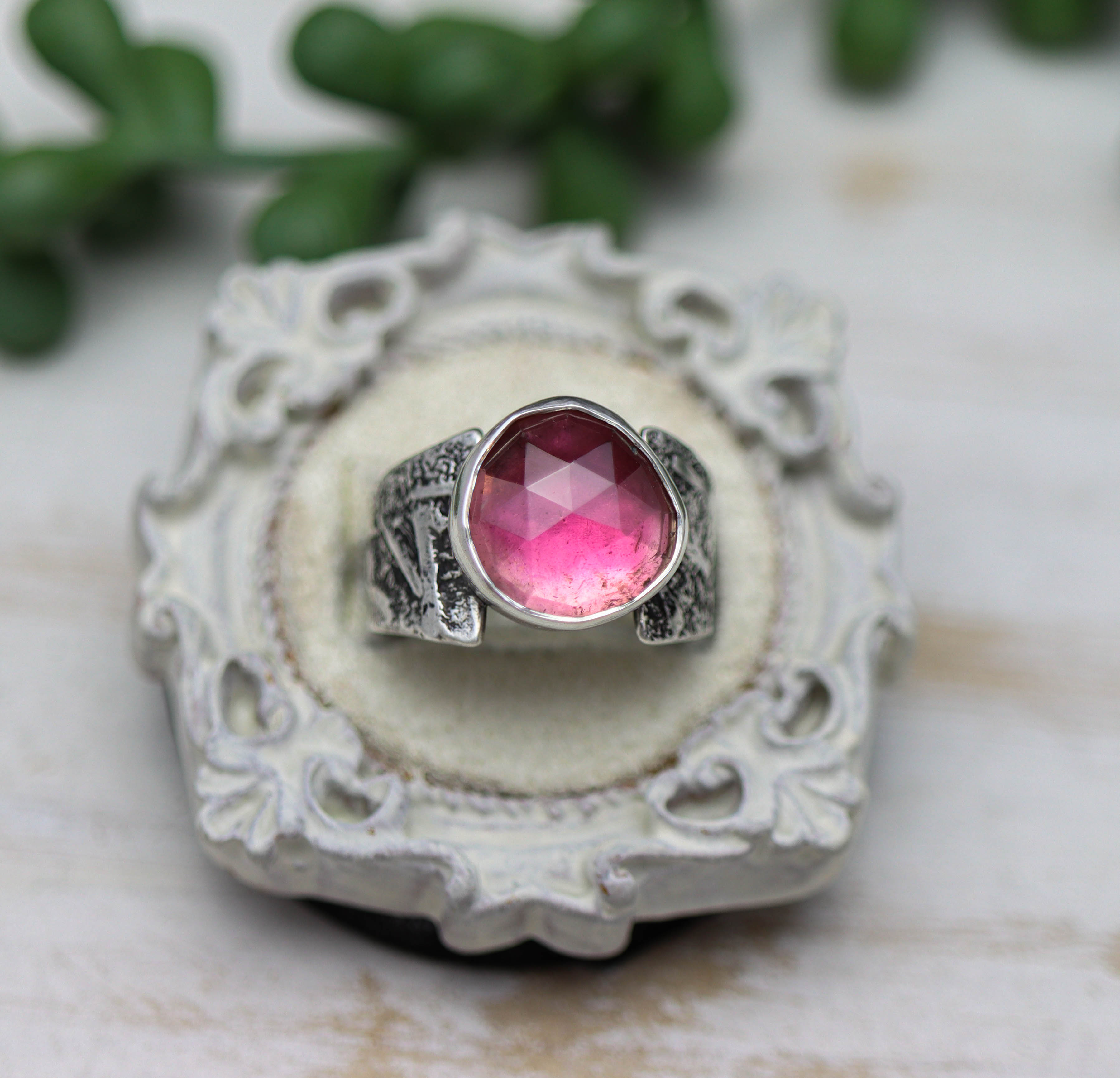 Pink Tourmaline Sterling Silver Wide Band Ring