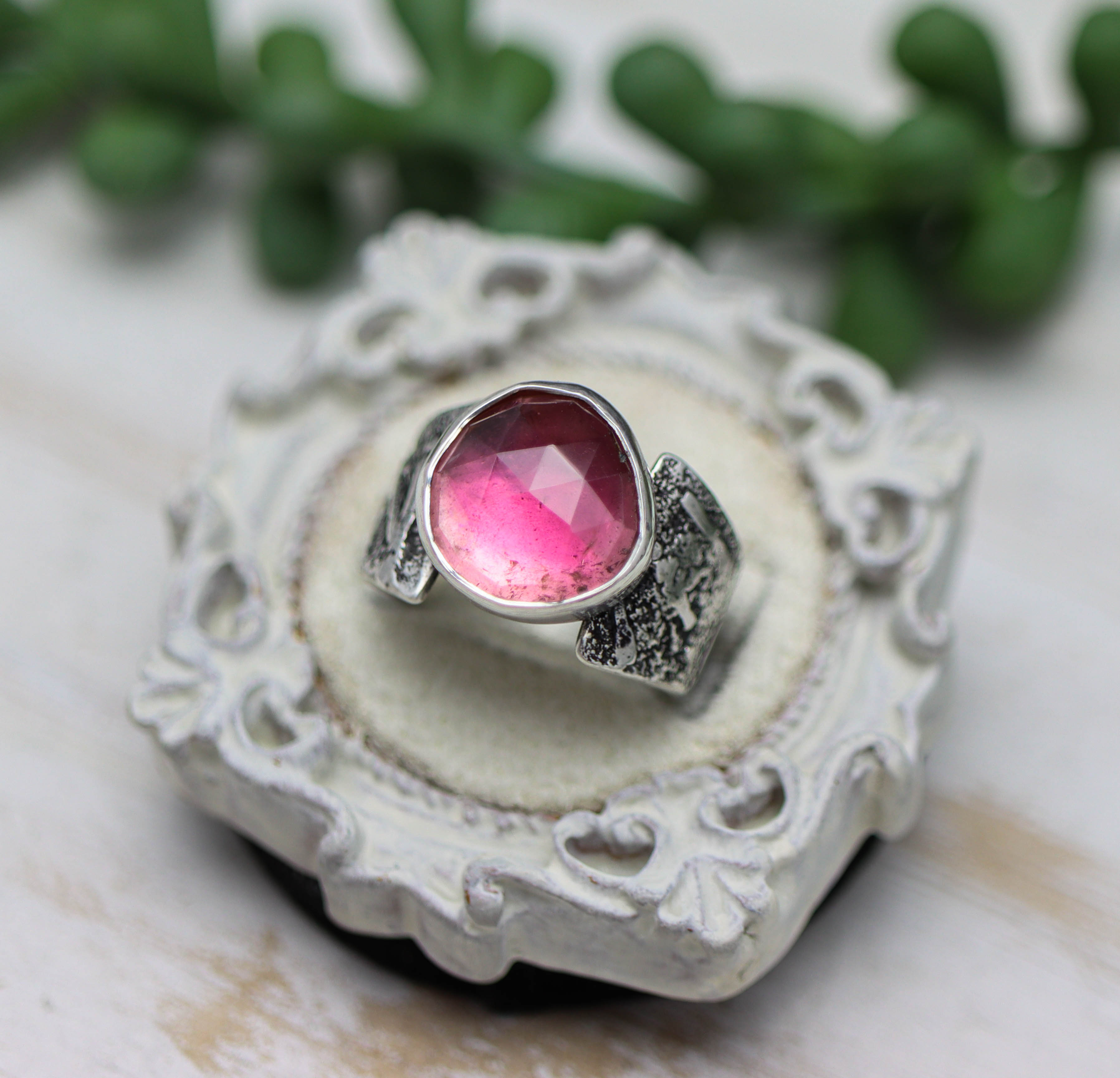 Pink Tourmaline Sterling Silver Wide Band Ring