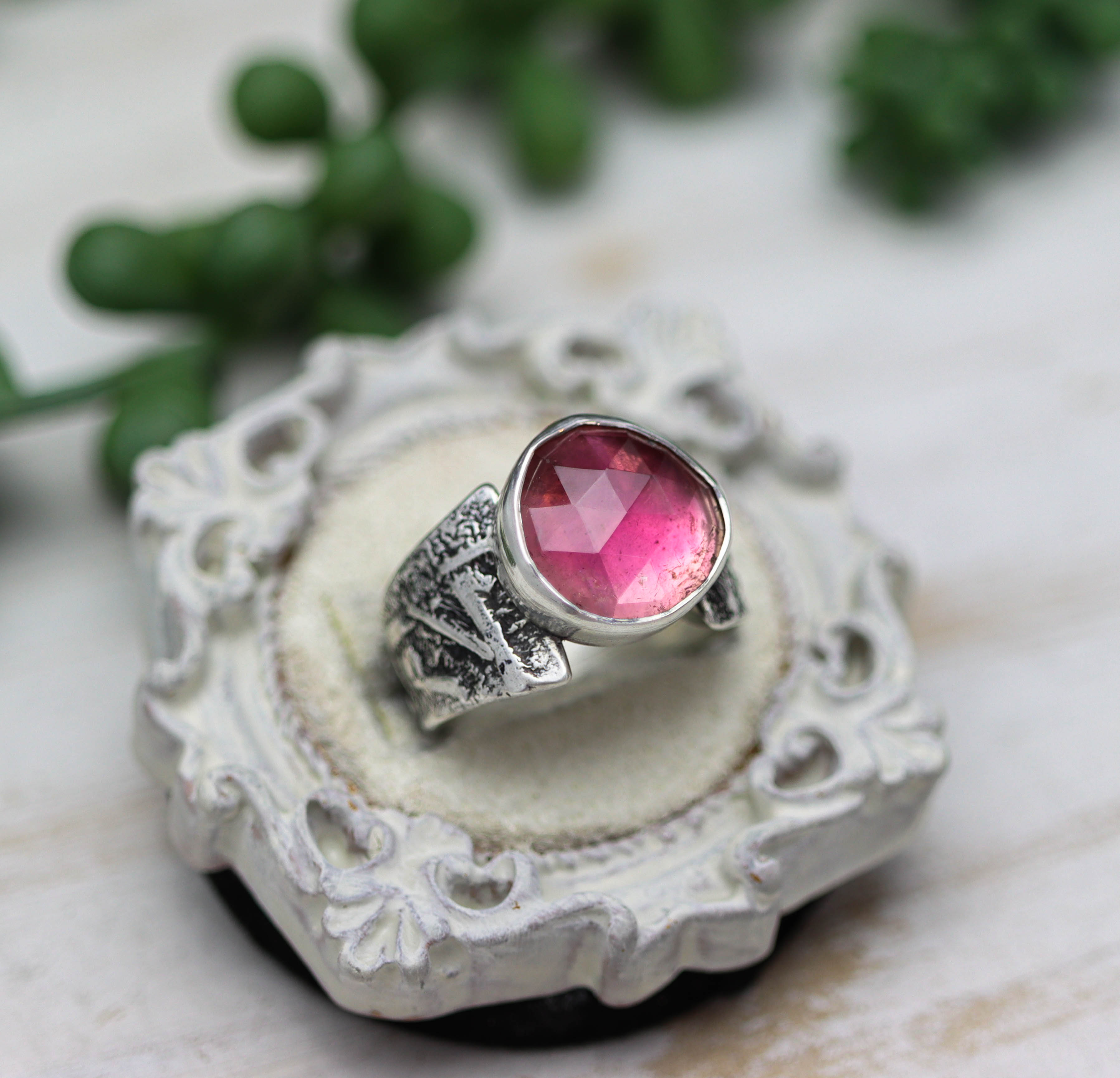 Pink Tourmaline Sterling Silver Wide Band Ring