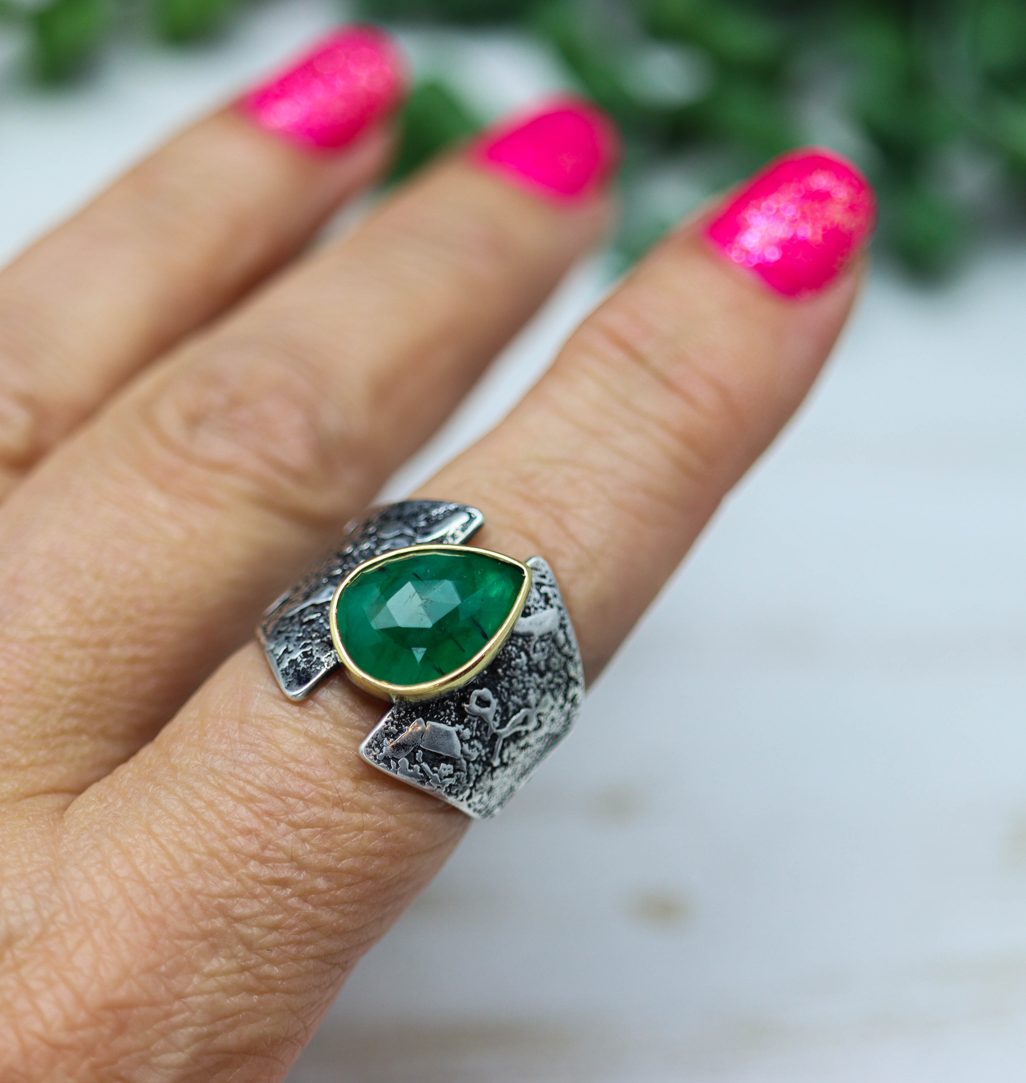 Emerald Sterling Silver and 22k Gold Wide Band Ring