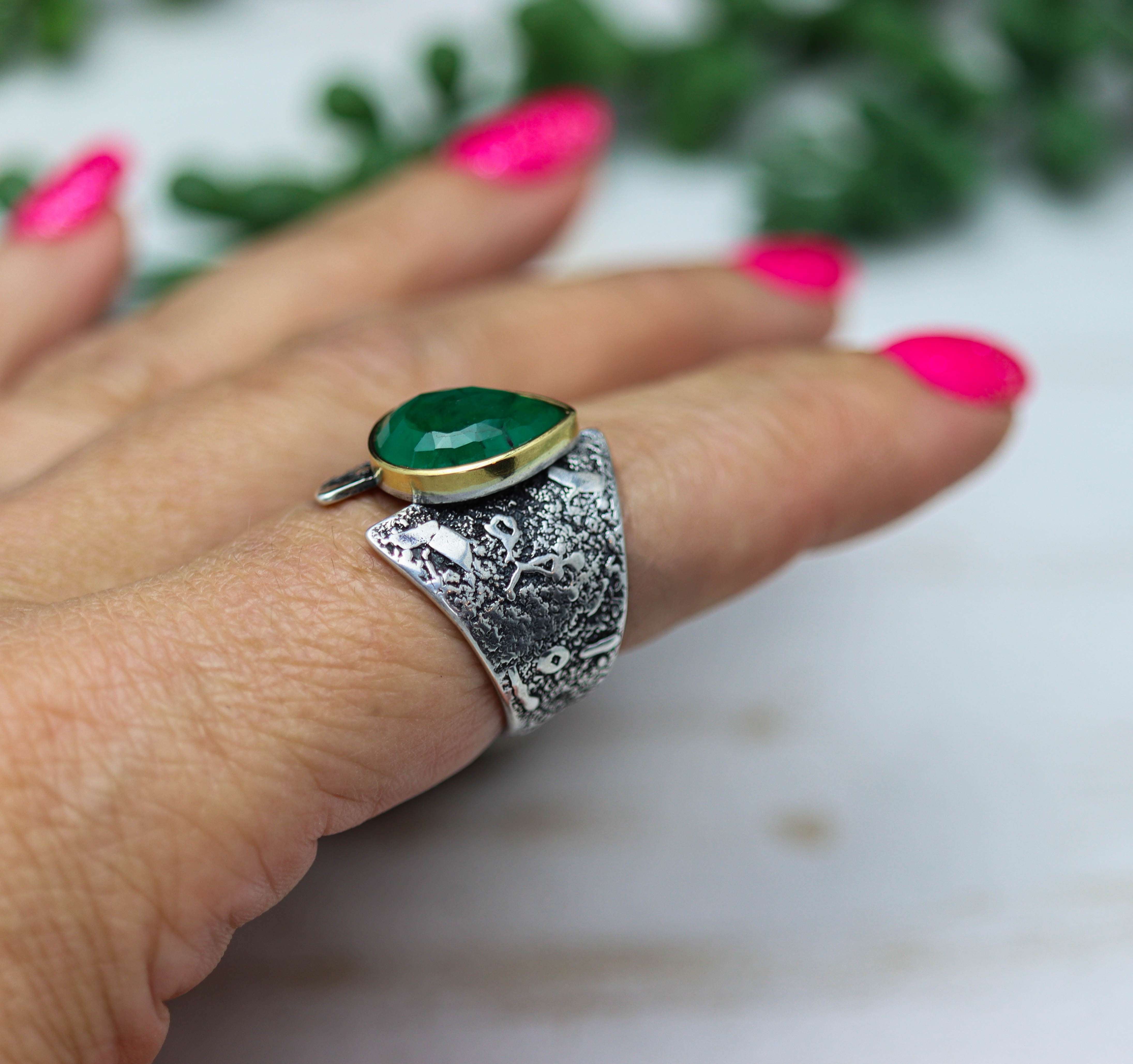 Emerald Sterling Silver and 22k Gold Wide Band Ring