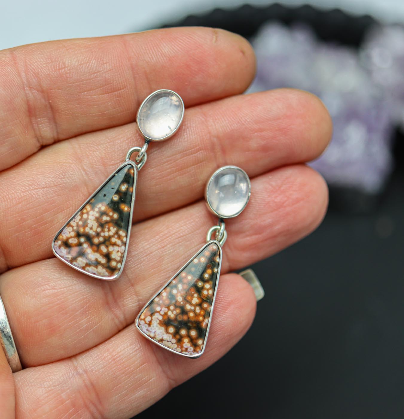 Ocean Jasper and Rose Quartz Dangle Earrings Sterling Silver