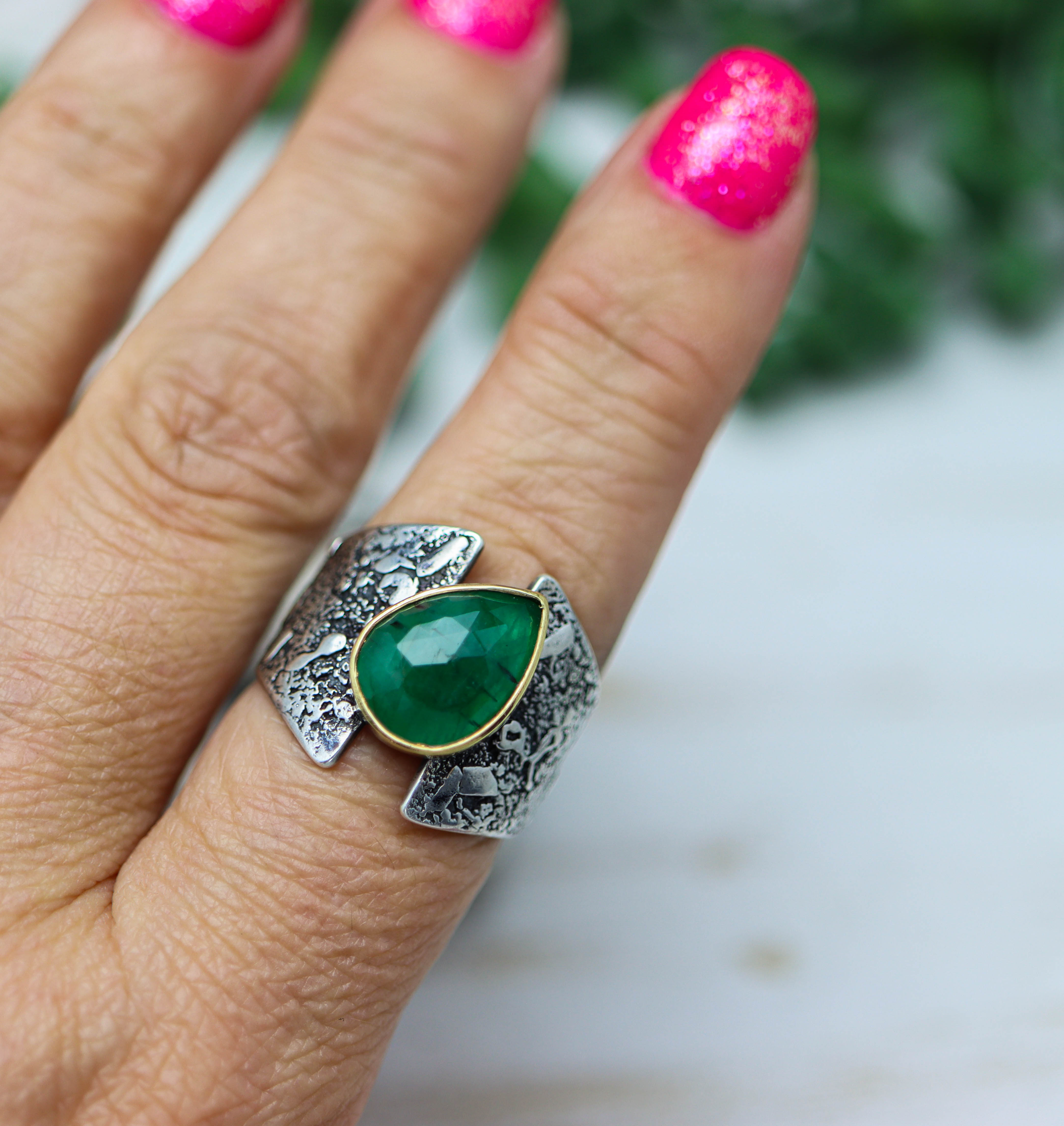 Emerald Sterling Silver and 22k Gold Wide Band Ring