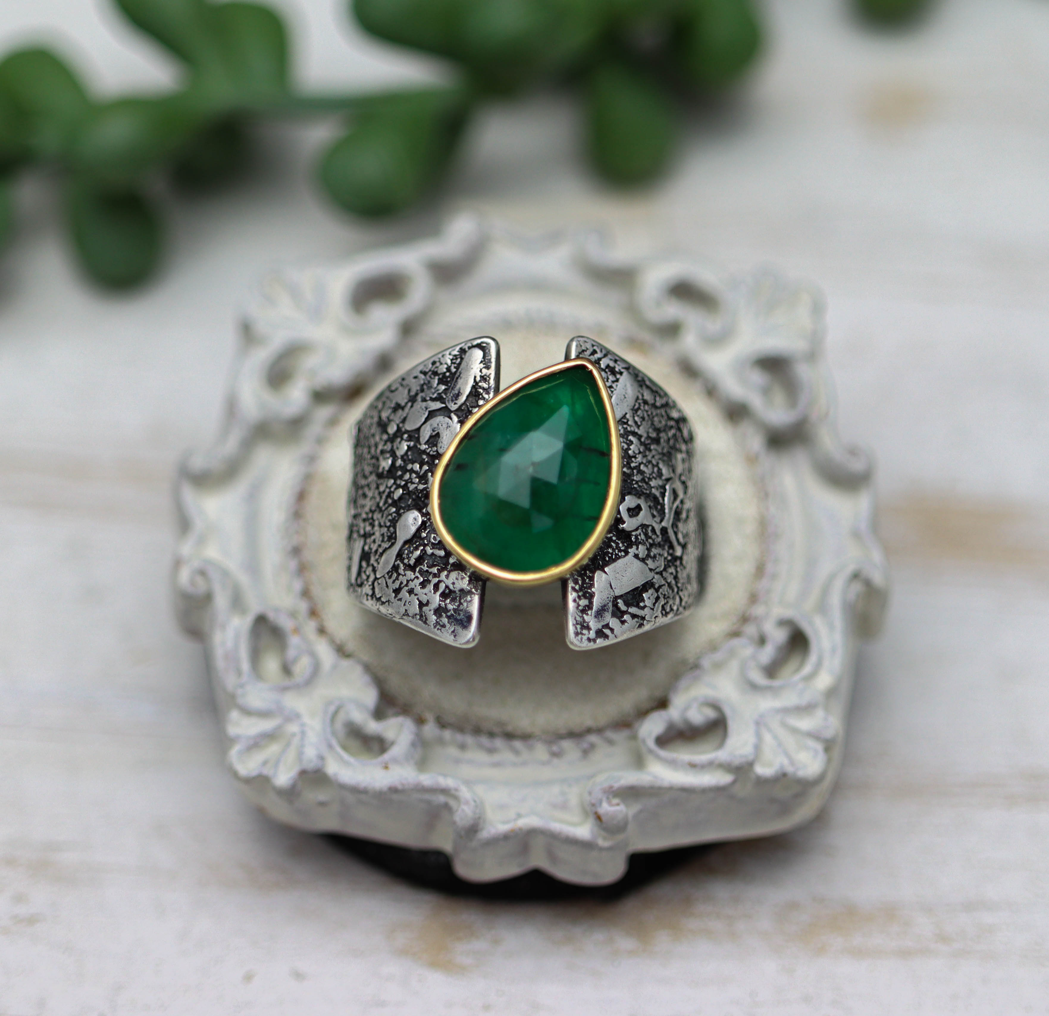 Emerald Sterling Silver and 22k Gold Wide Band Ring