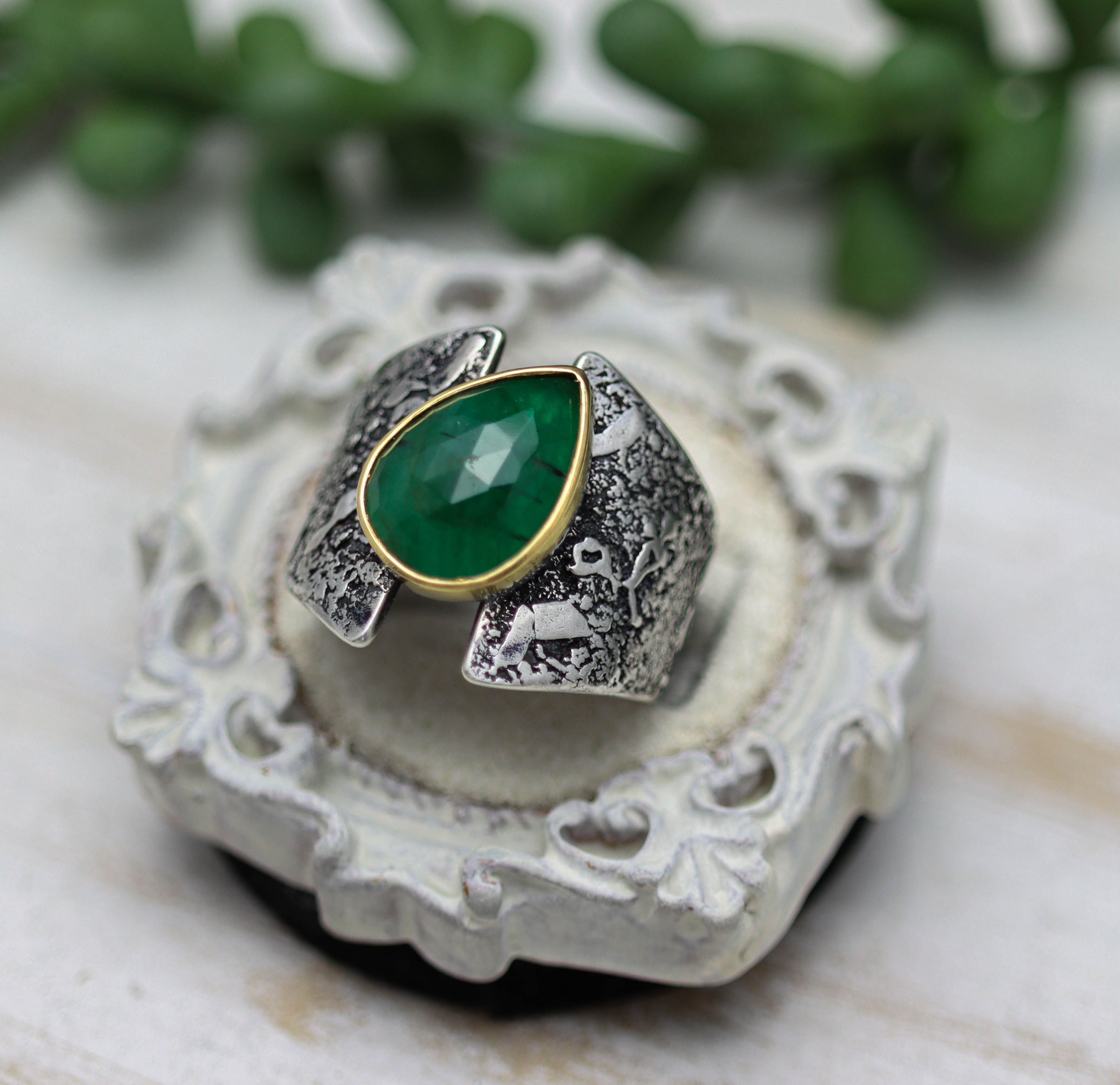 Emerald Sterling Silver and 22k Gold Wide Band Ring