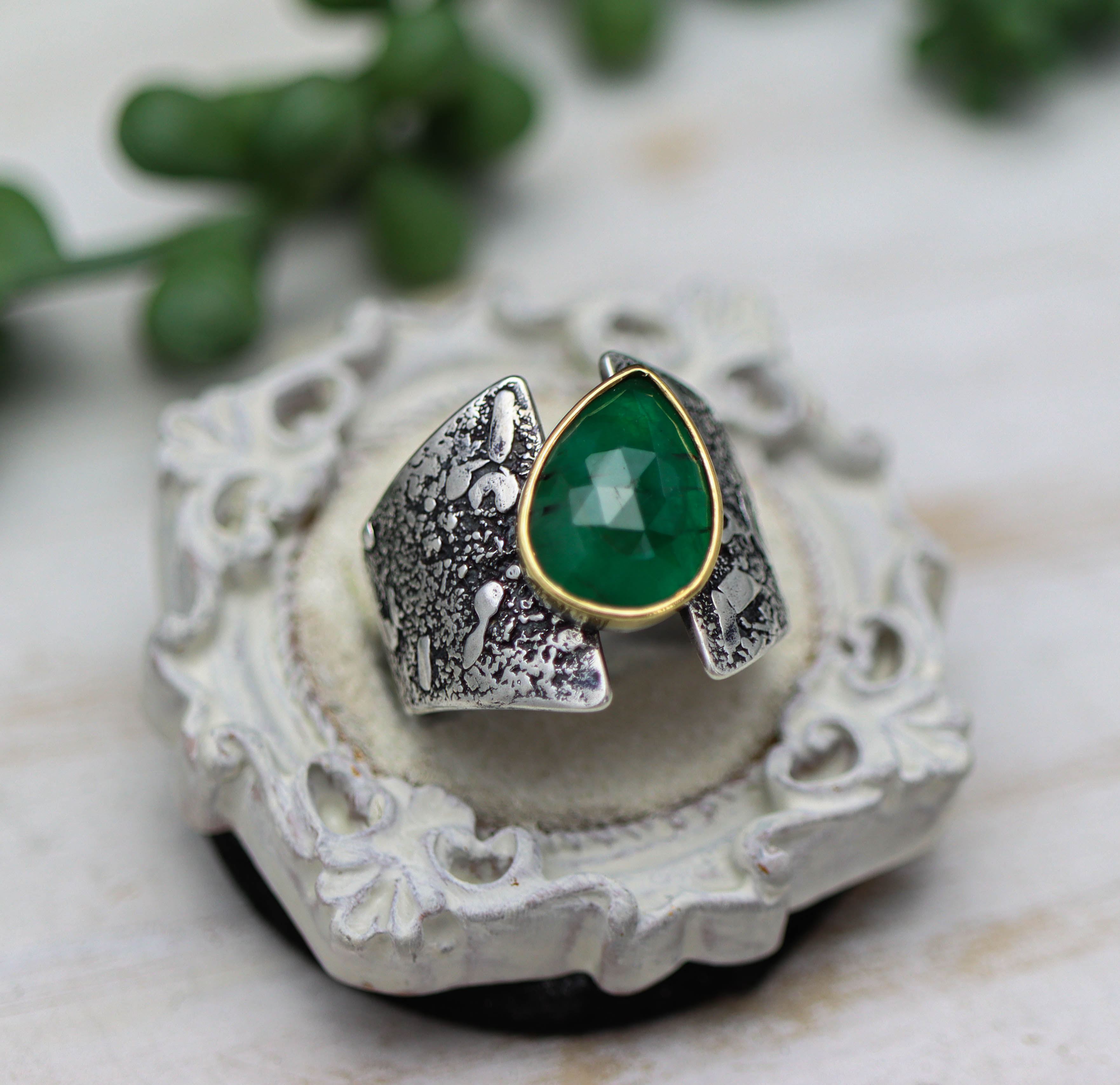 Emerald Sterling Silver and 22k Gold Wide Band Ring