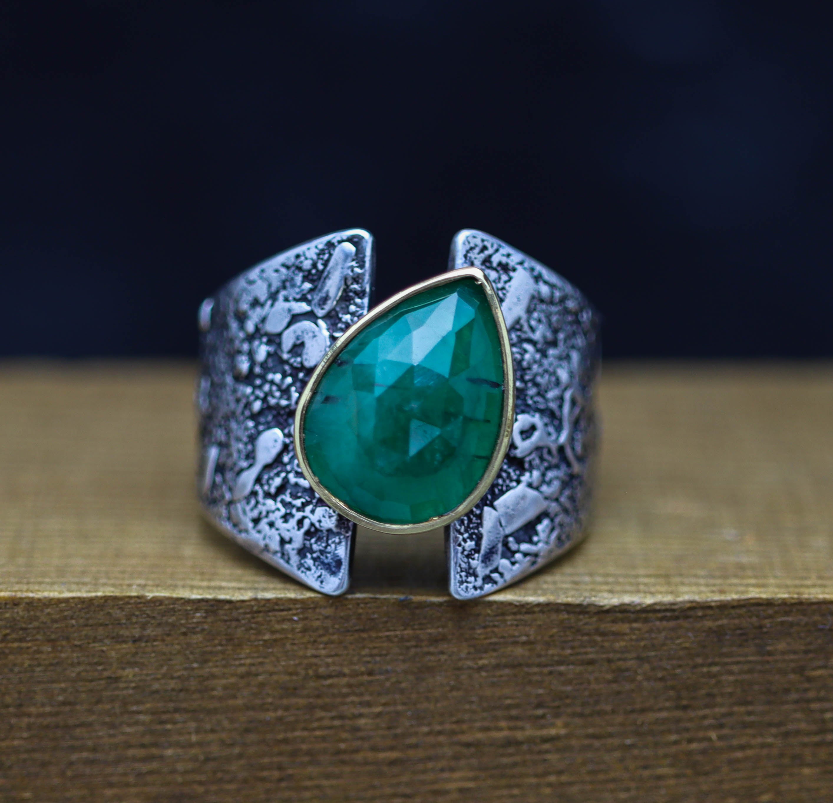 Emerald Sterling Silver and 22k Gold Wide Band Ring
