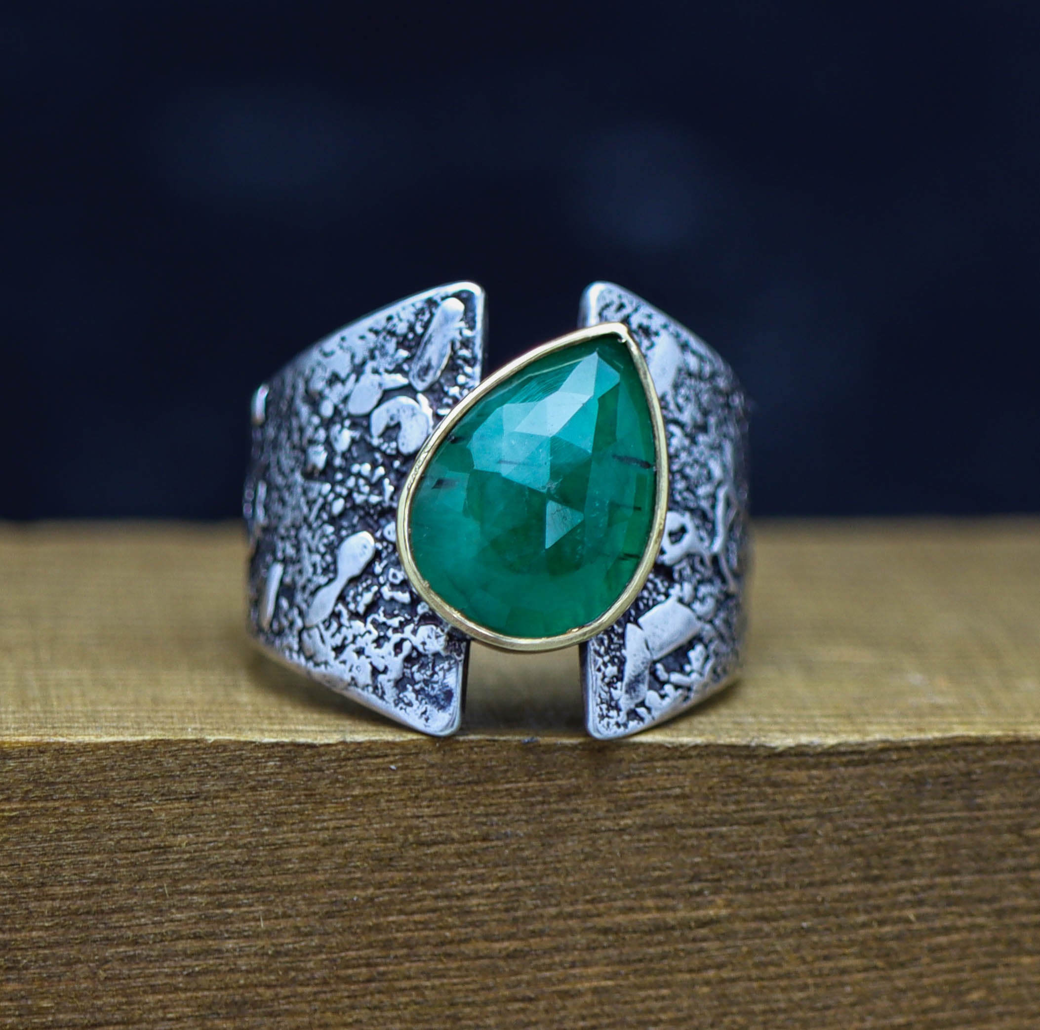 Emerald Sterling Silver and 22k Gold Wide Band Ring