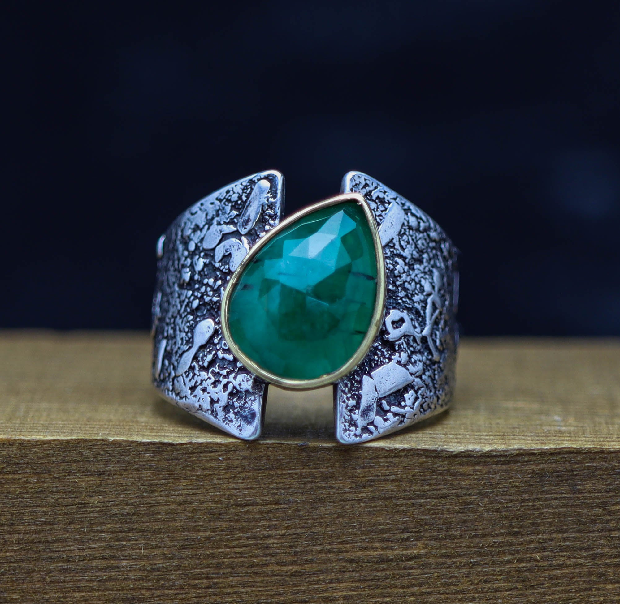 Emerald Sterling Silver and 22k Gold Wide Band Ring