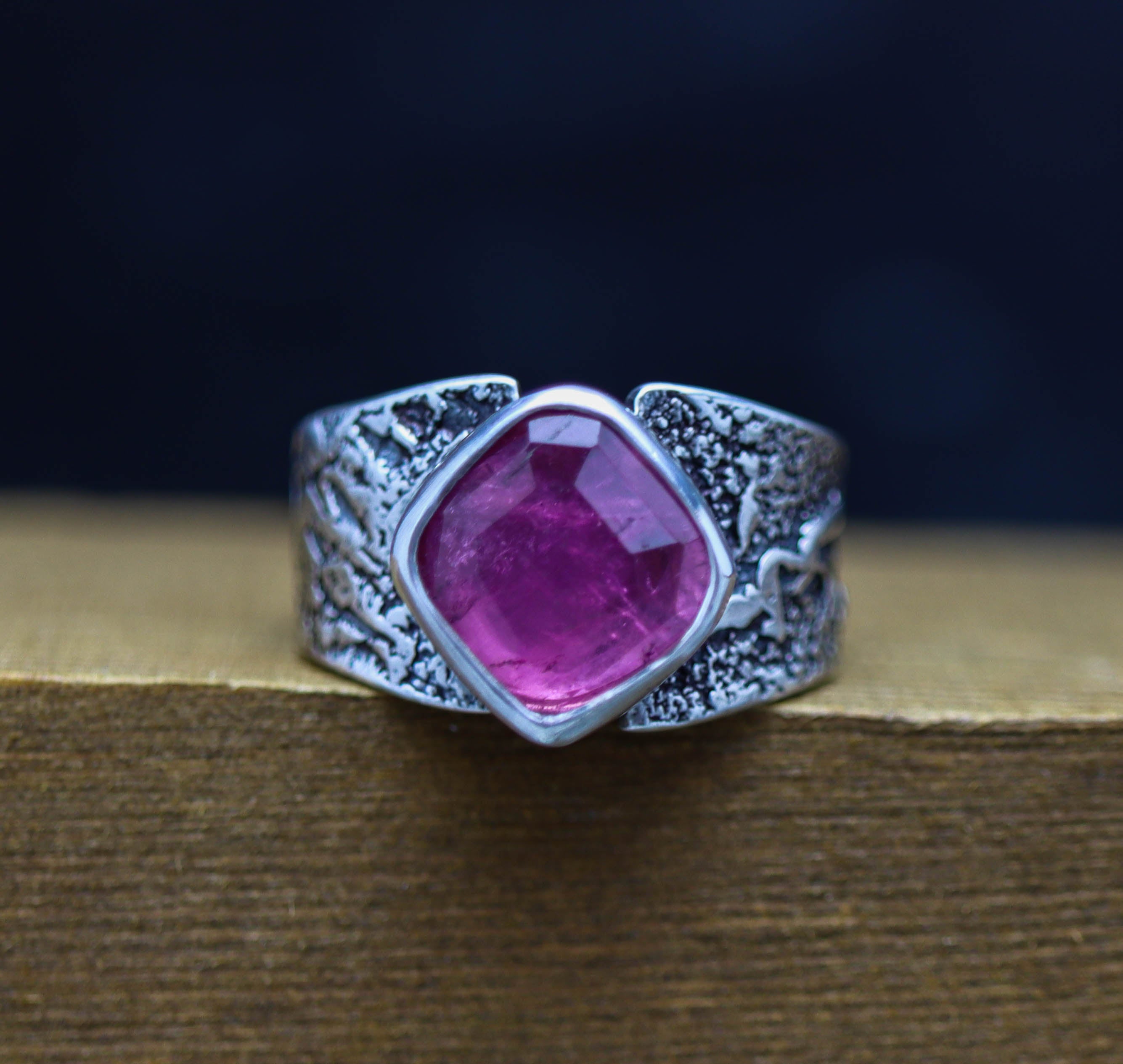 Pink Tourmaline Sterling Silver Wide Band Ring