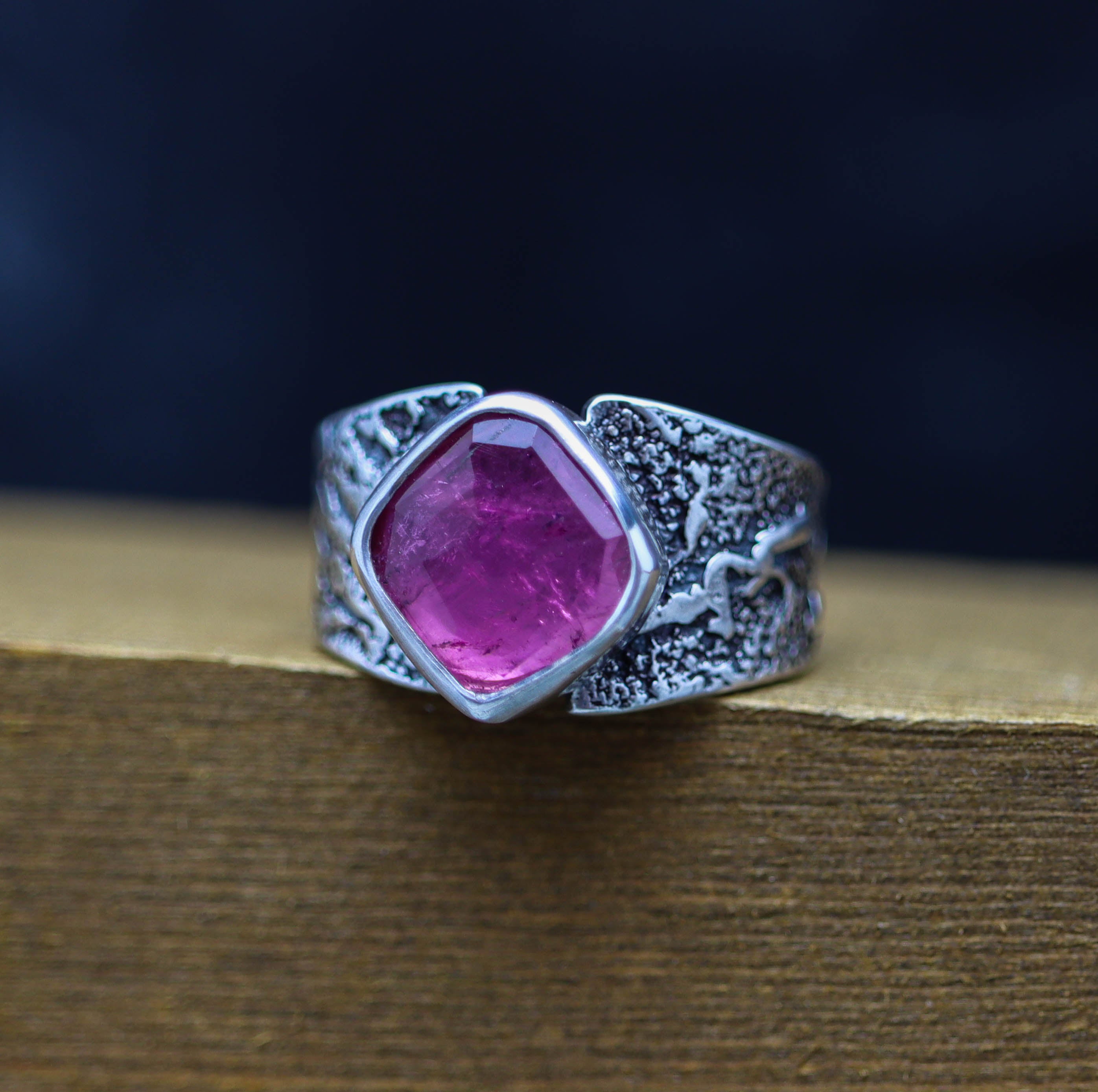 Pink Tourmaline Sterling Silver Wide Band Ring