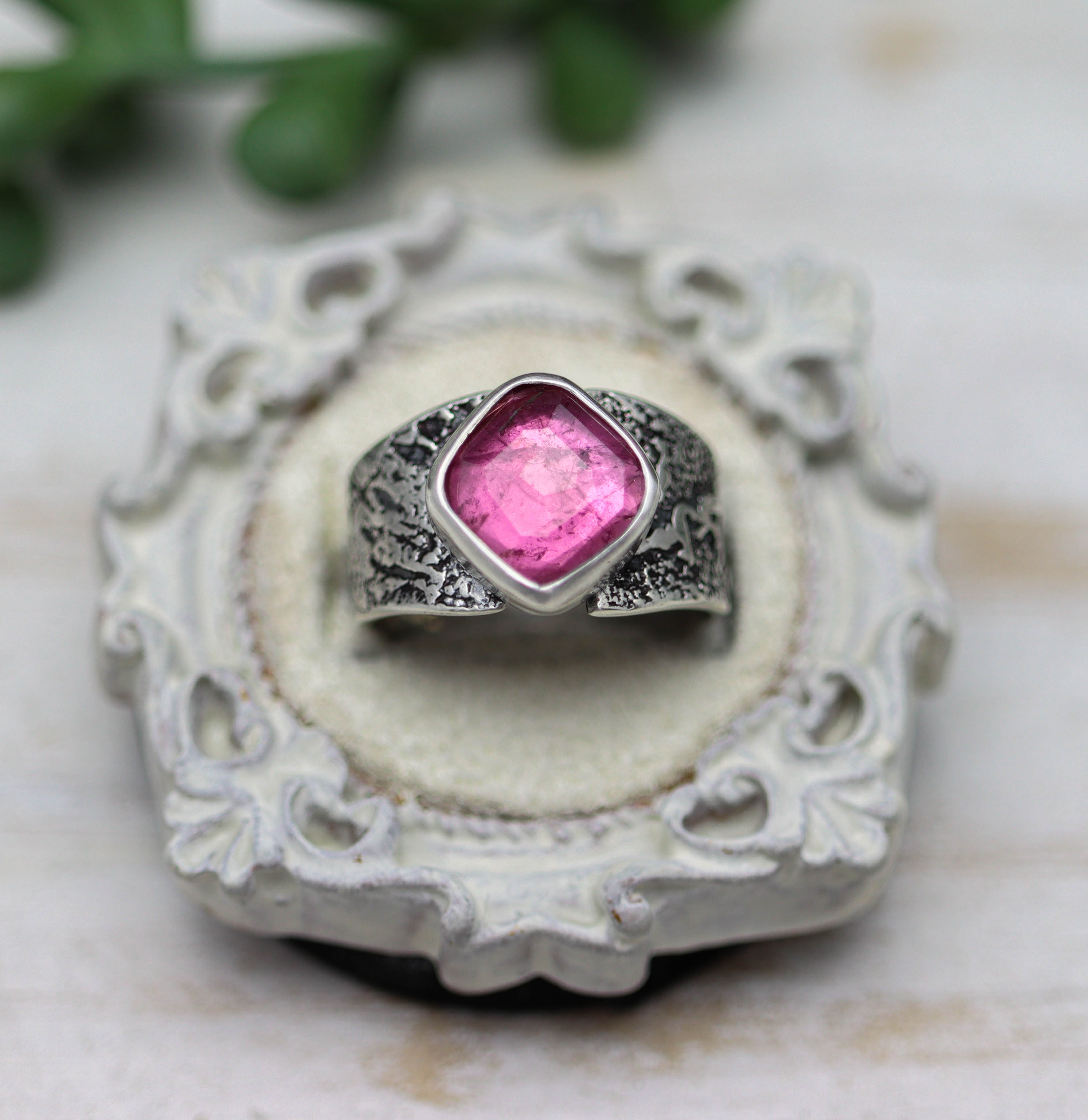 Pink Tourmaline Sterling Silver Wide Band Ring
