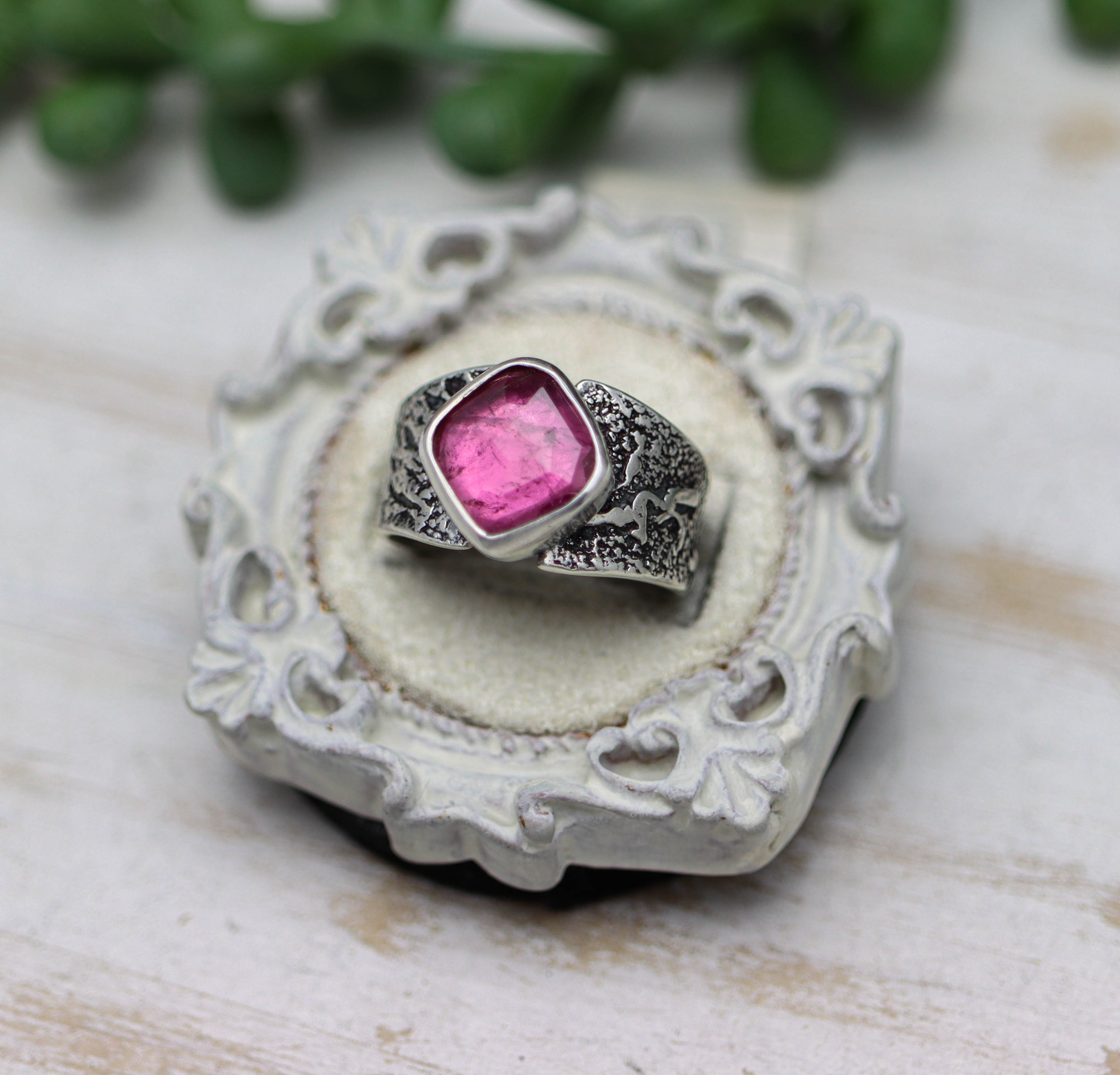 Pink Tourmaline Sterling Silver Wide Band Ring