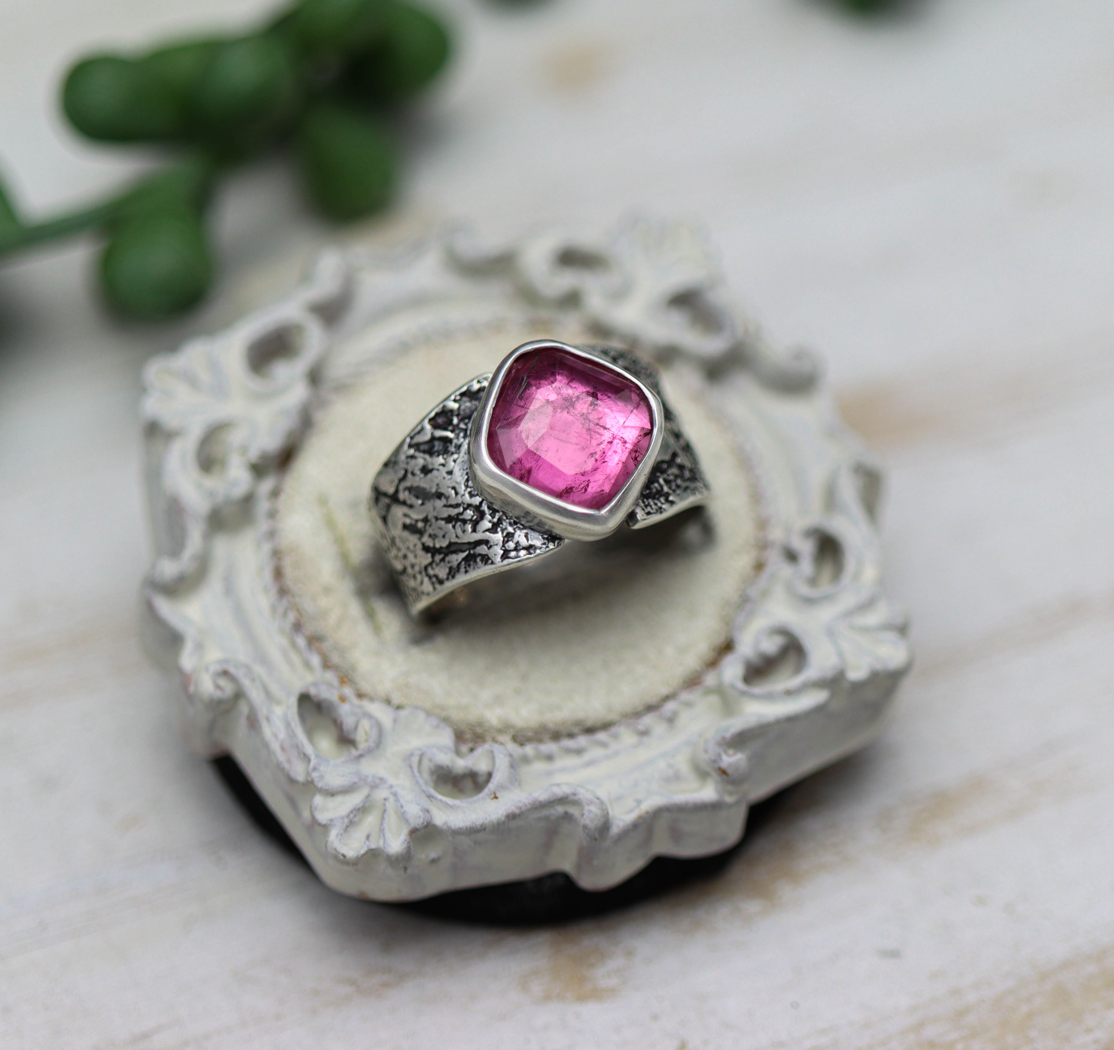 Pink Tourmaline Sterling Silver Wide Band Ring