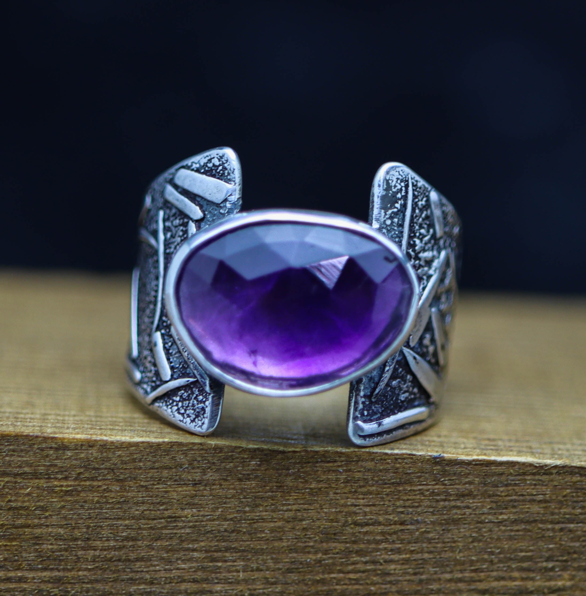 Amethyst Sterling Silver Wide Band Ring Size 7.5