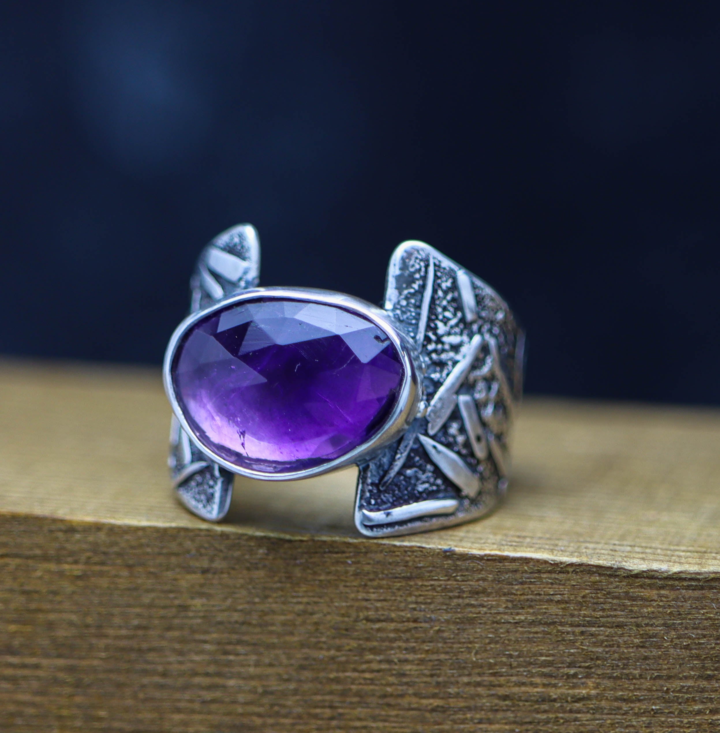Amethyst Sterling Silver Wide Band Ring Size 7.5