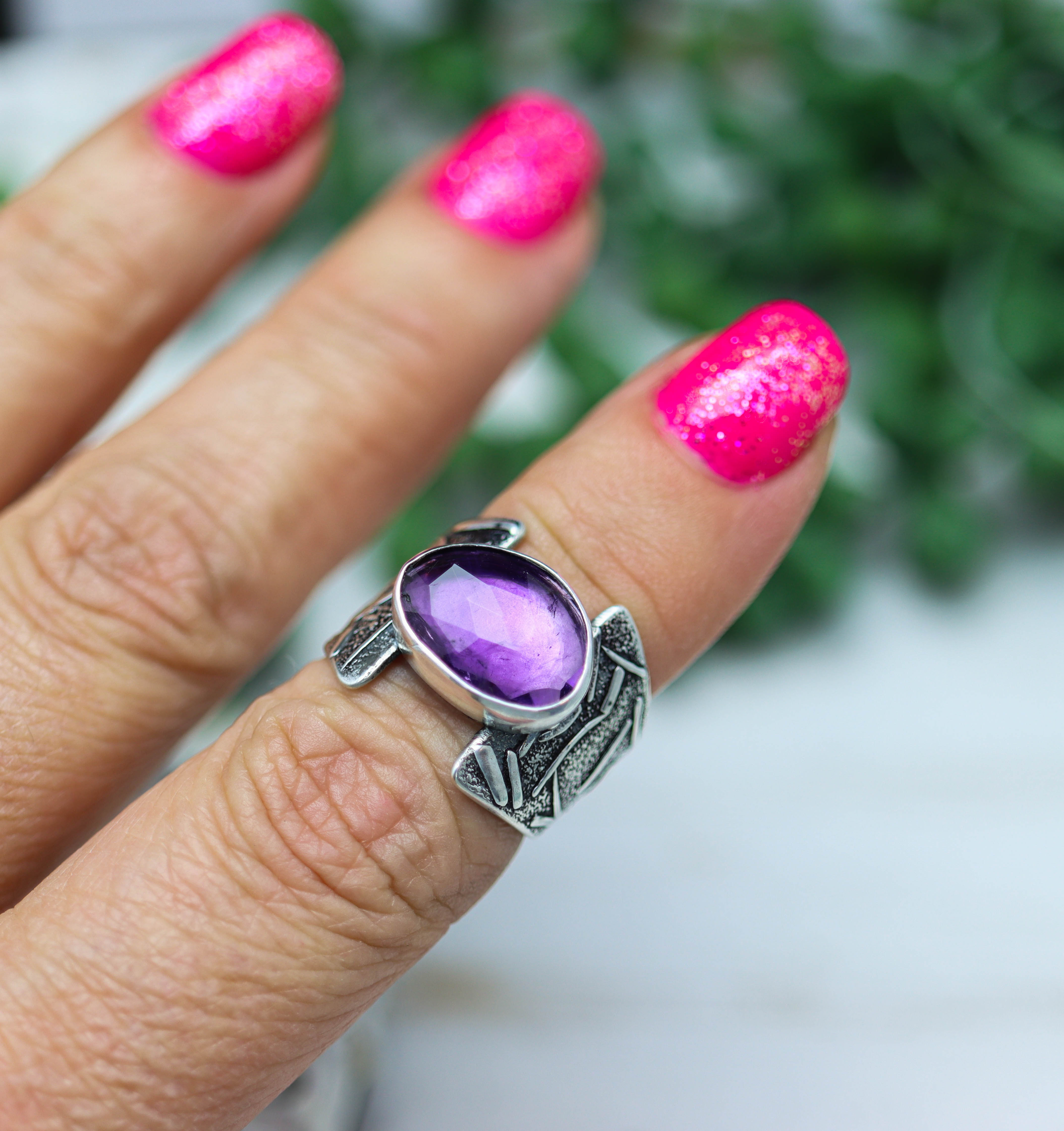 Amethyst Sterling Silver Wide Band Ring Size 7.5