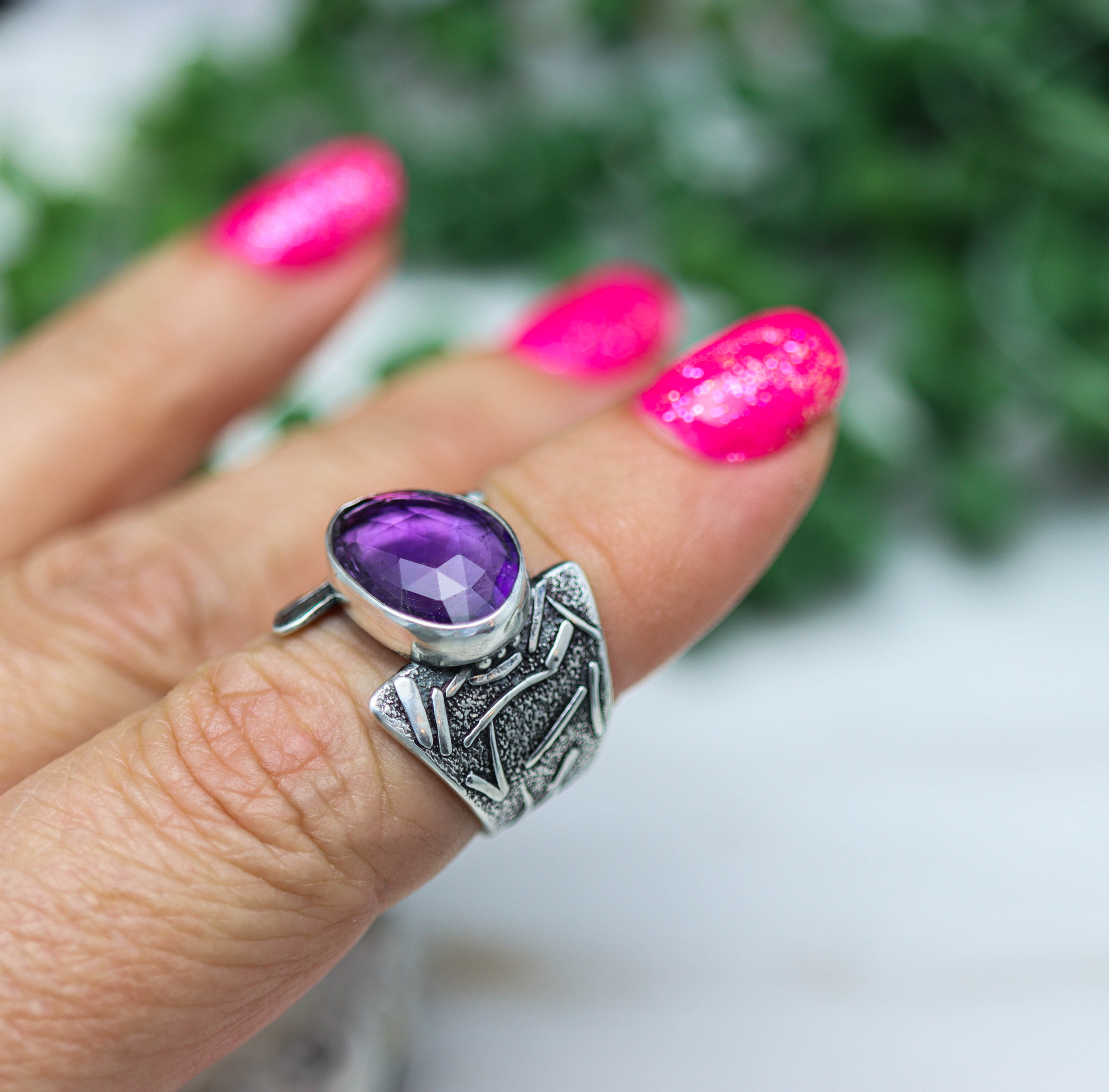 Amethyst Sterling Silver Wide Band Ring Size 7.5