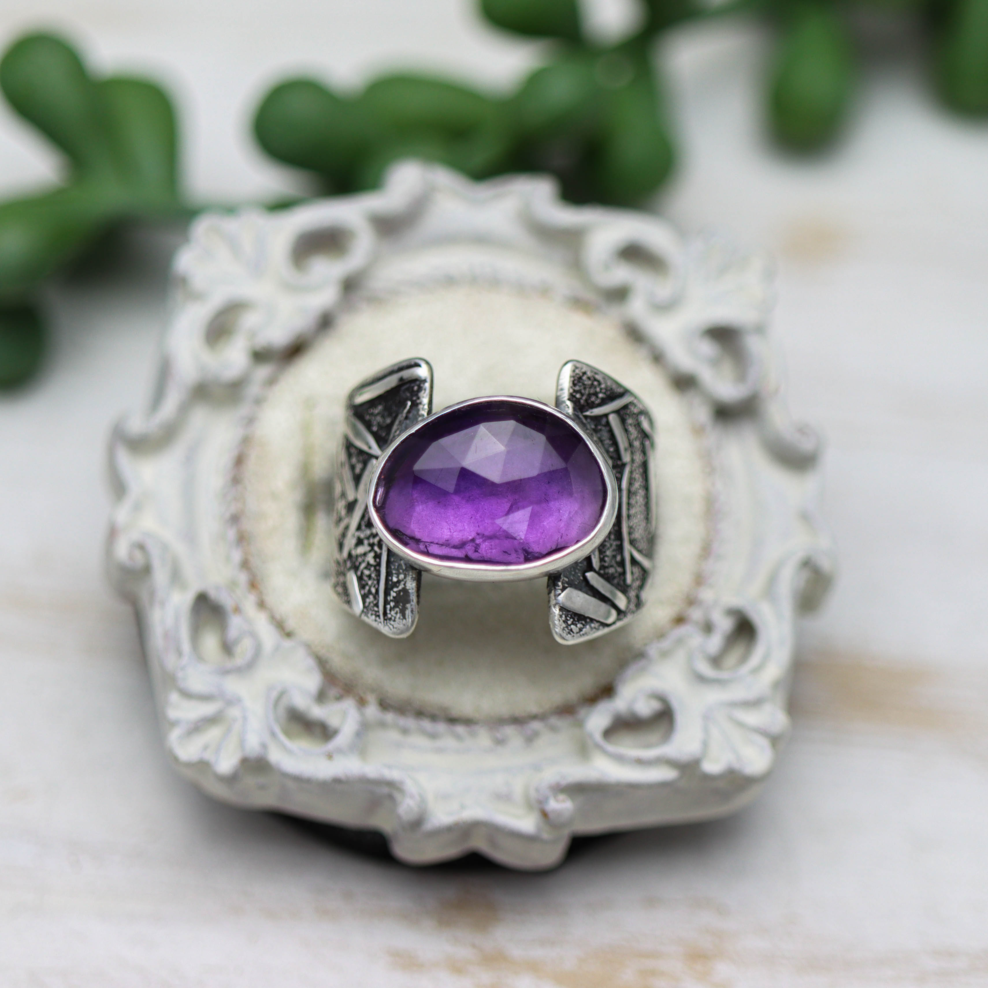 Amethyst Sterling Silver Wide Band Ring Size 7.5