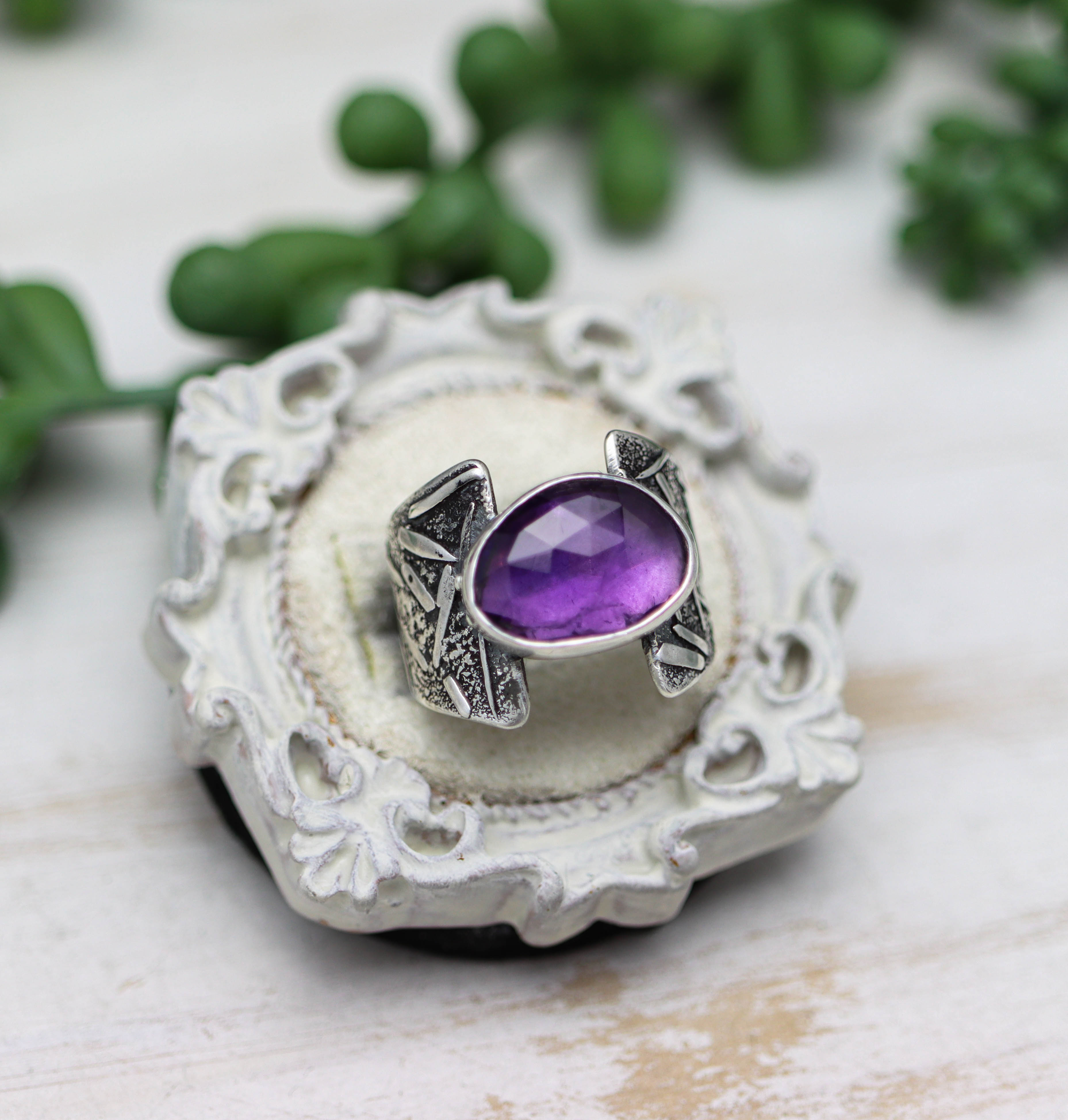 Amethyst Sterling Silver Wide Band Ring Size 7.5