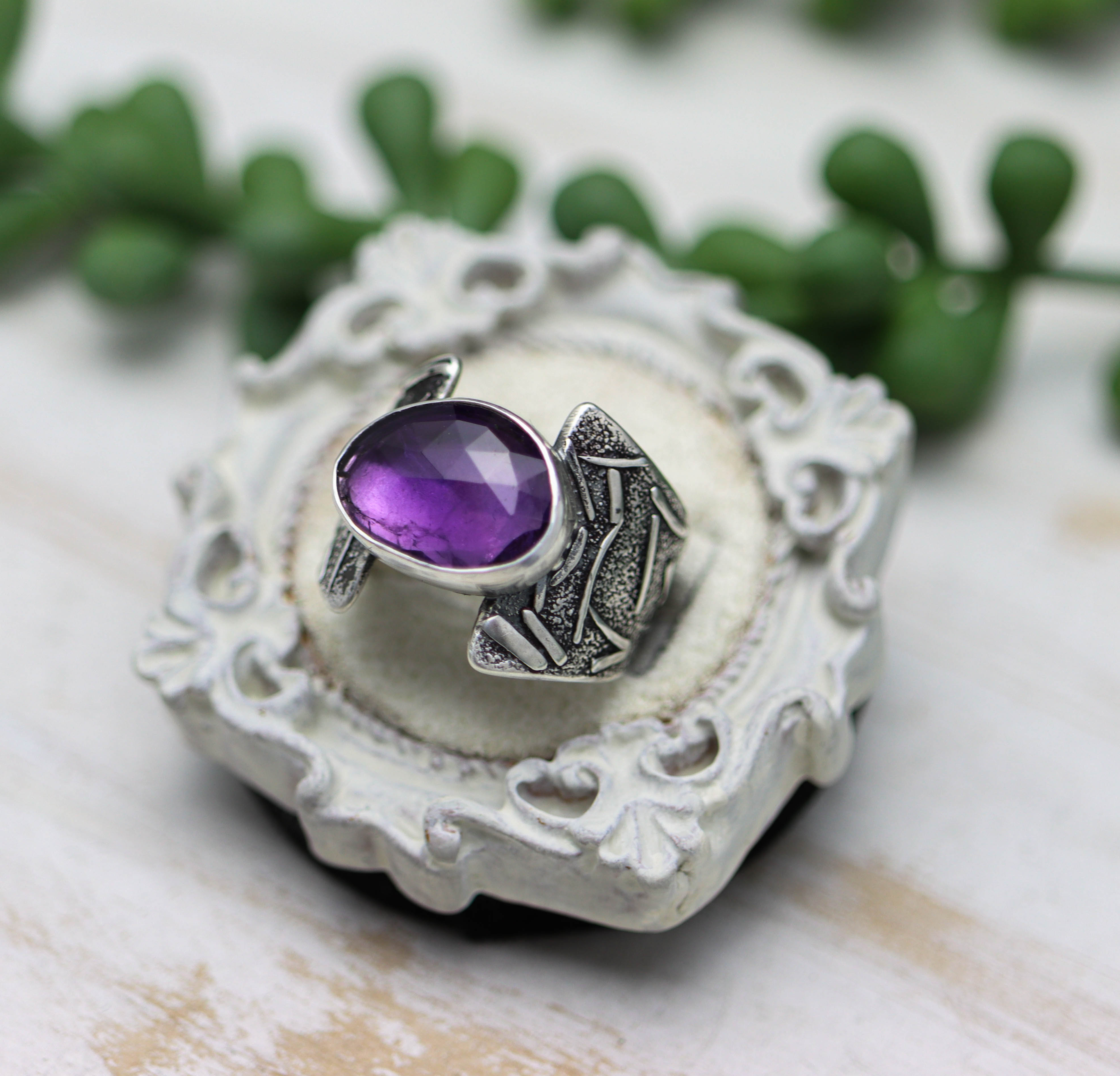 Amethyst Sterling Silver Wide Band Ring Size 7.5