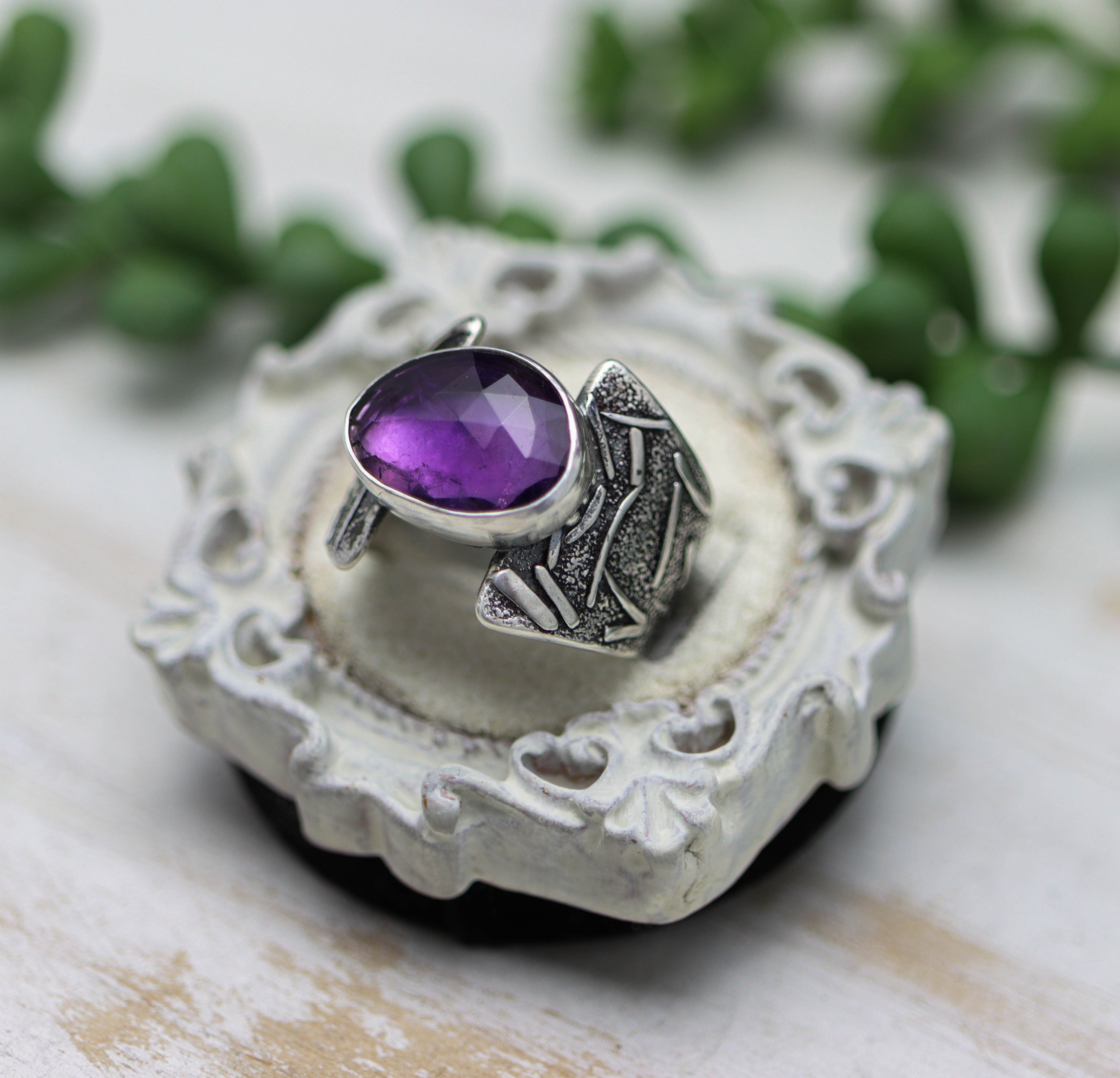 Amethyst Sterling Silver Wide Band Ring Size 7.5