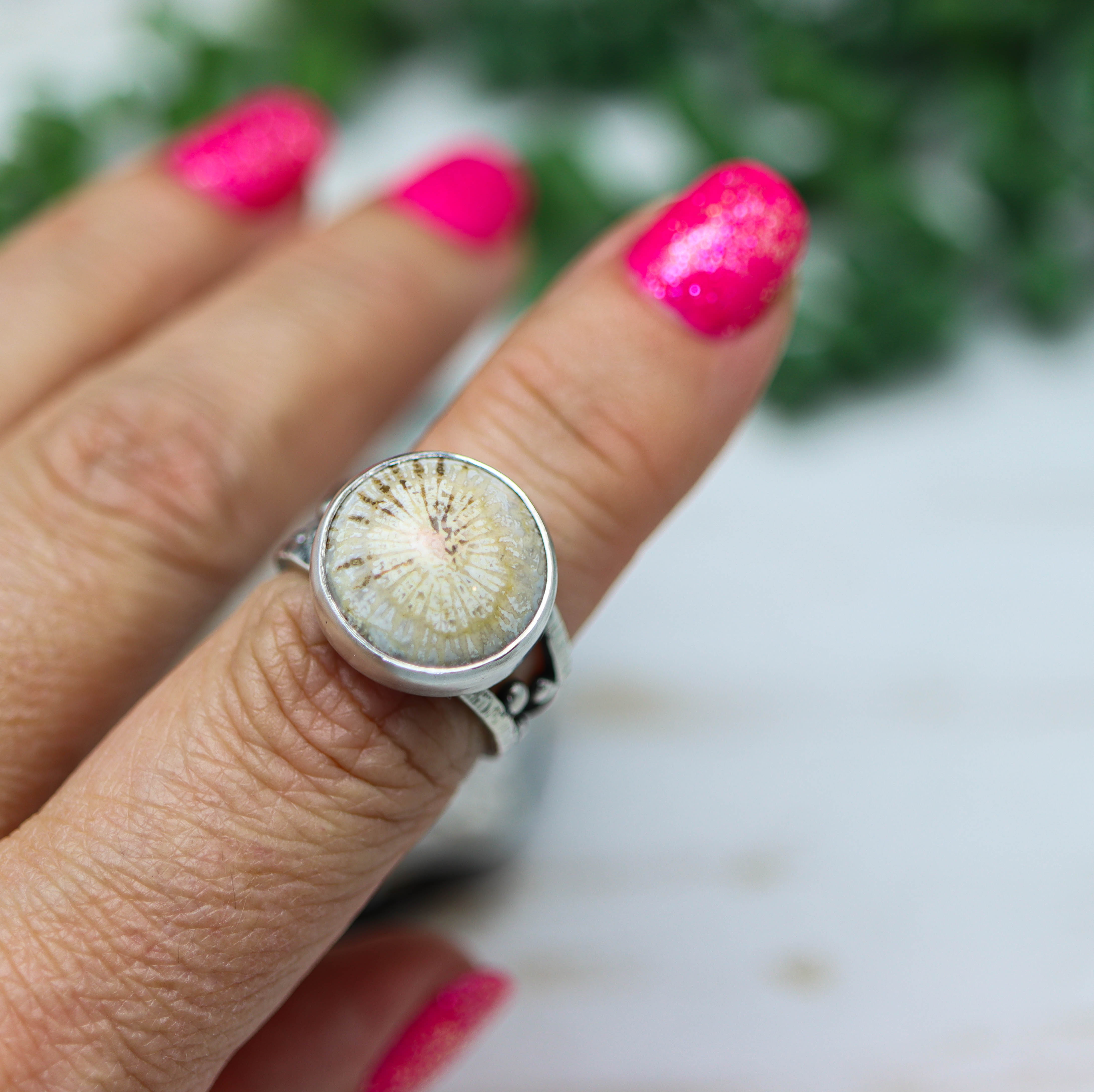 Fossil Coral Sterling Silver Bubble Band Ring Size 8.5