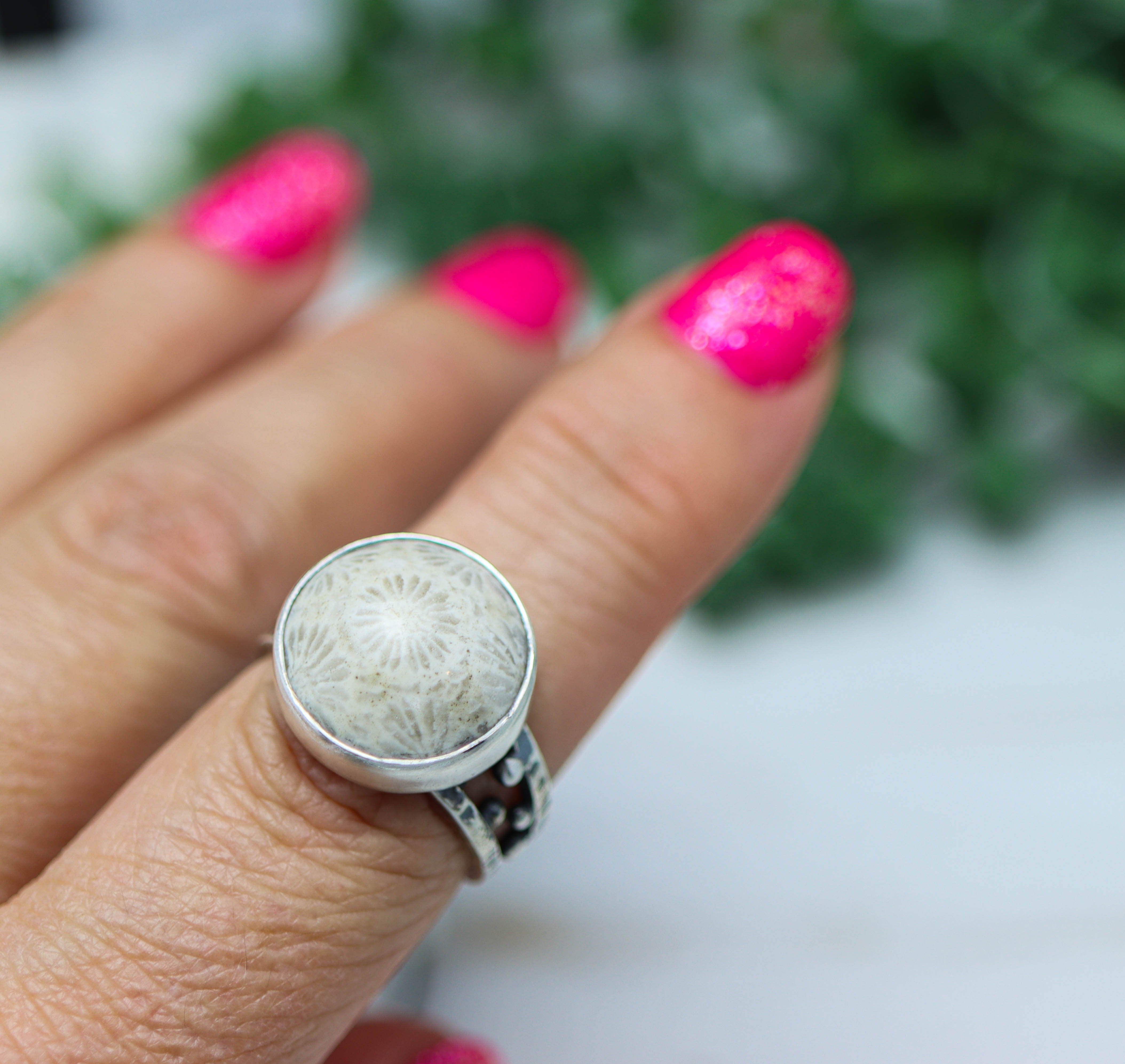Fossil Coral Sterling Silver Bubble Band Ring Size 8.75