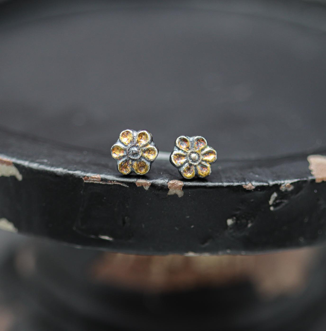 Flower Stud Earrings in Sterling Silver and 24k Gold