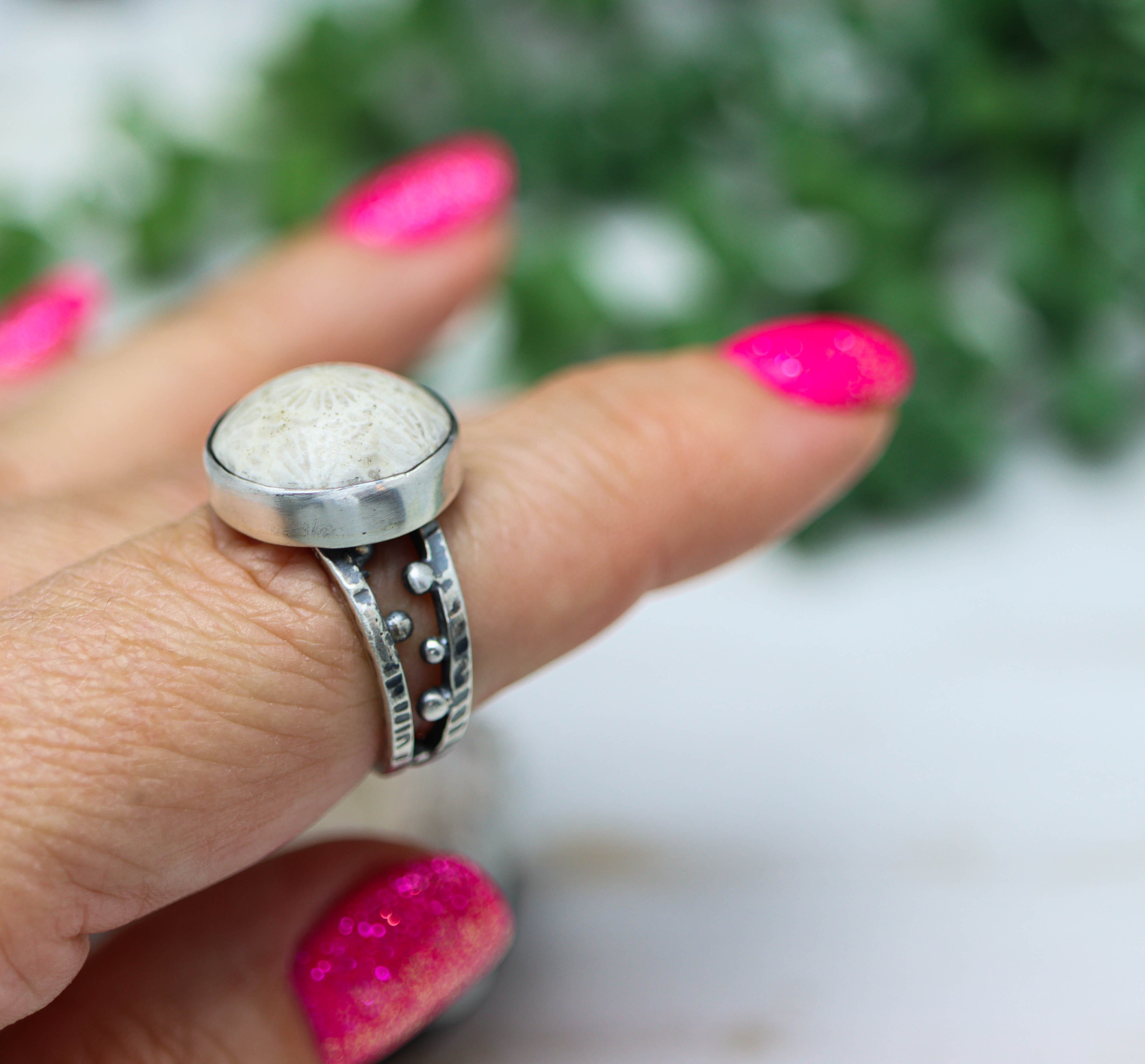 Fossil Coral Sterling Silver Bubble Band Ring Size 8.75