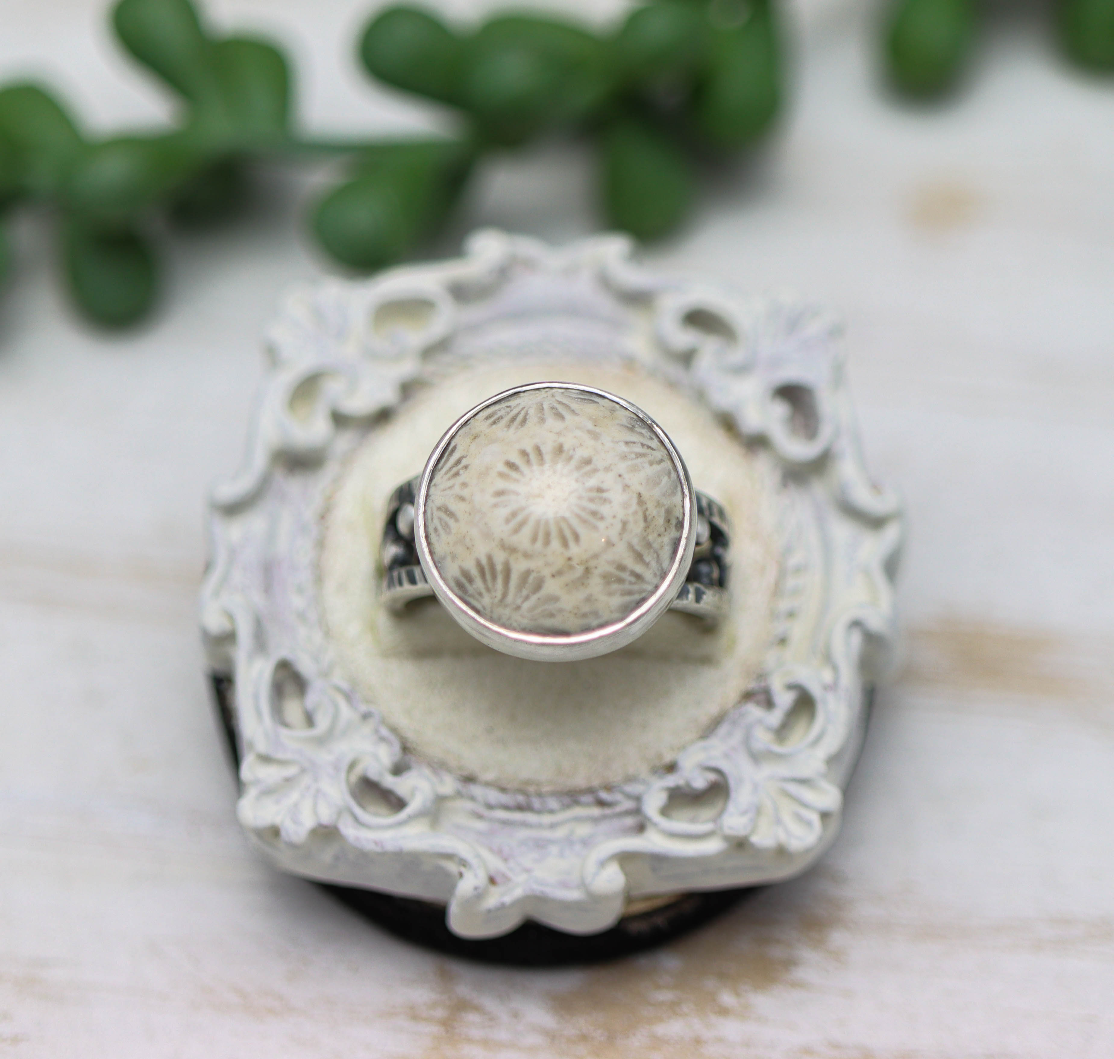 Fossil Coral Sterling Silver Bubble Band Ring Size 8.75