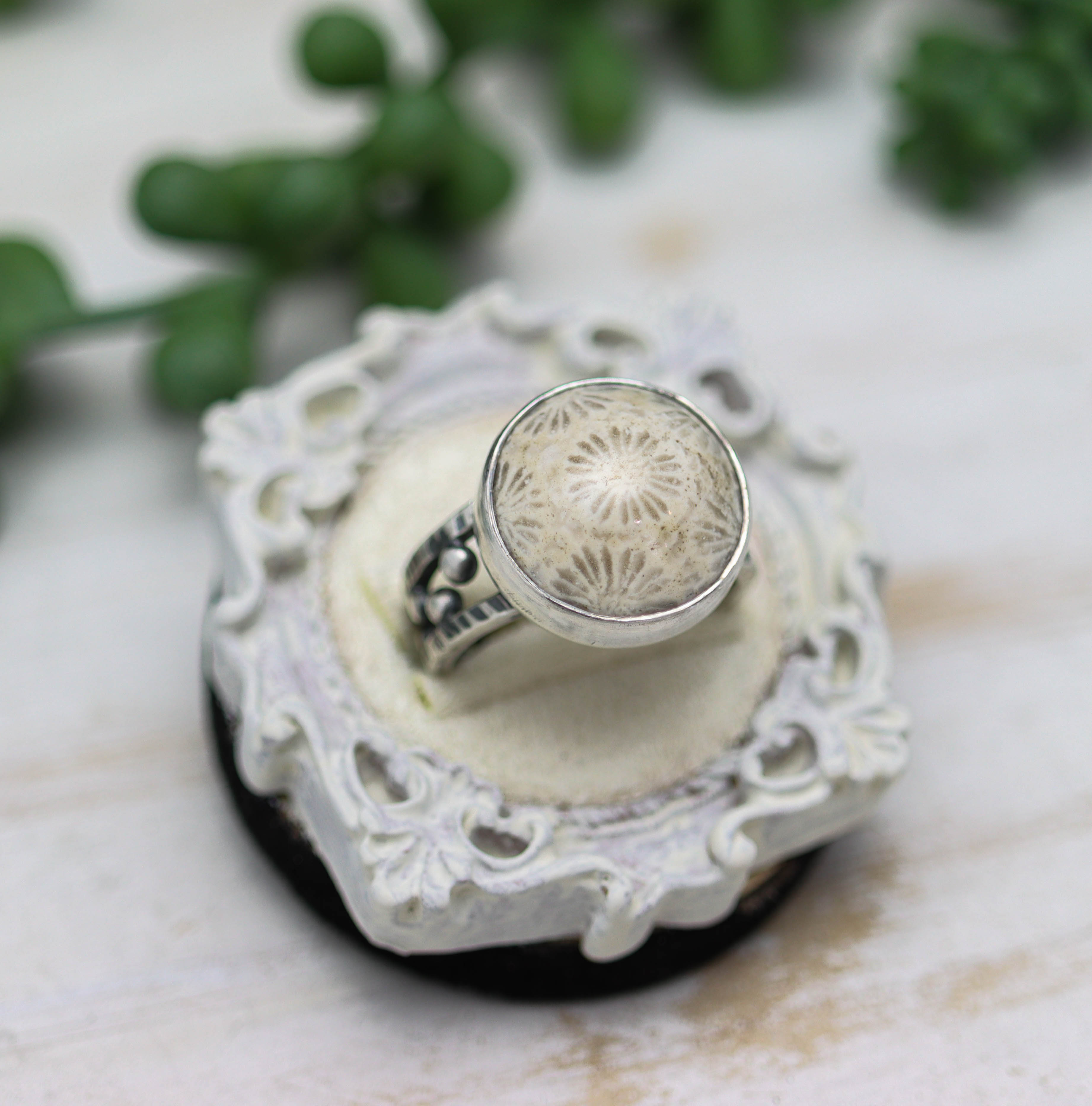 Fossil Coral Sterling Silver Bubble Band Ring Size 8.75