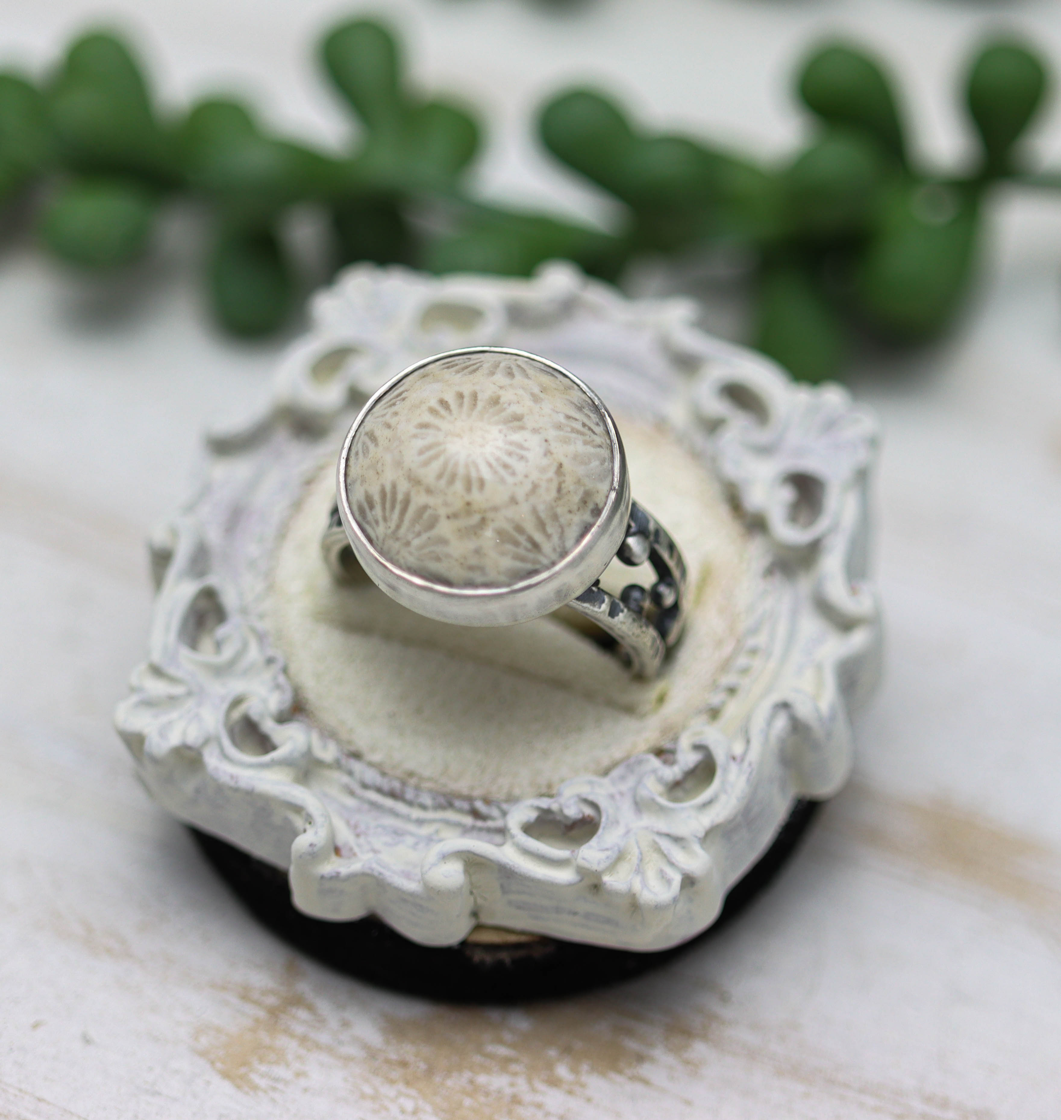 Fossil Coral Sterling Silver Bubble Band Ring Size 8.75