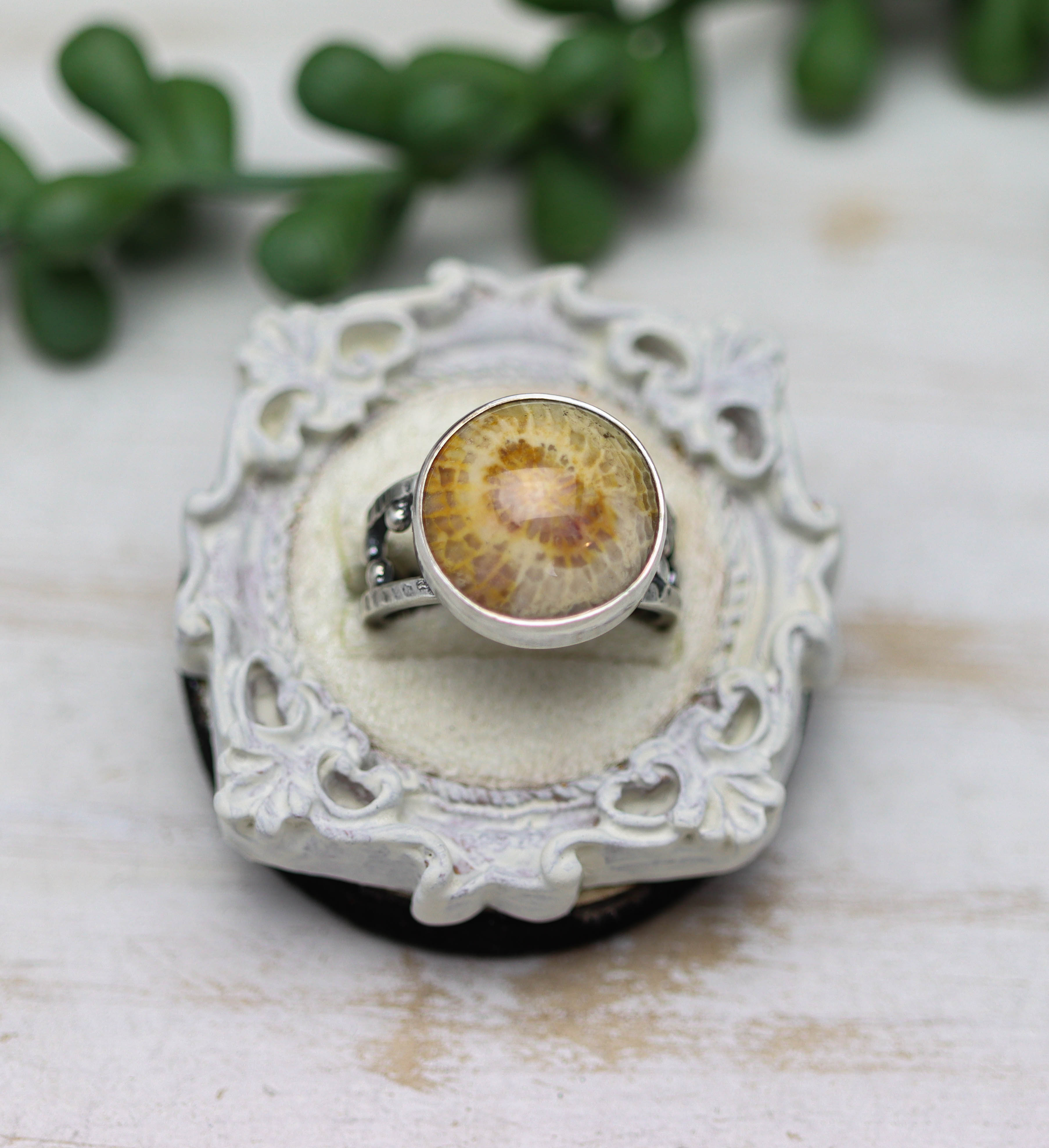 Fossil Coral Sterling Silver Bubble Band Ring Size 7.25