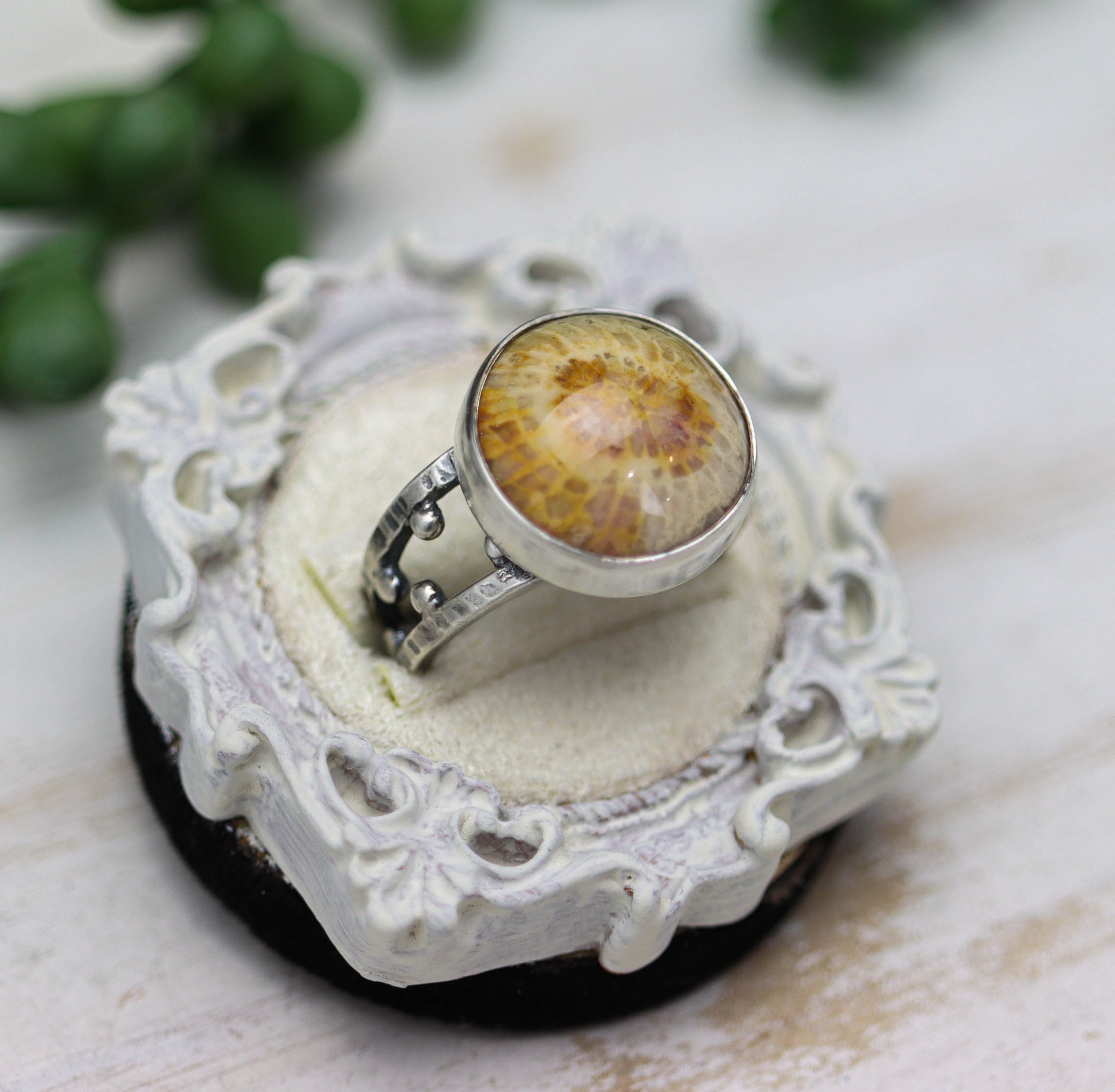 Fossil Coral Sterling Silver Bubble Band Ring Size 7.25