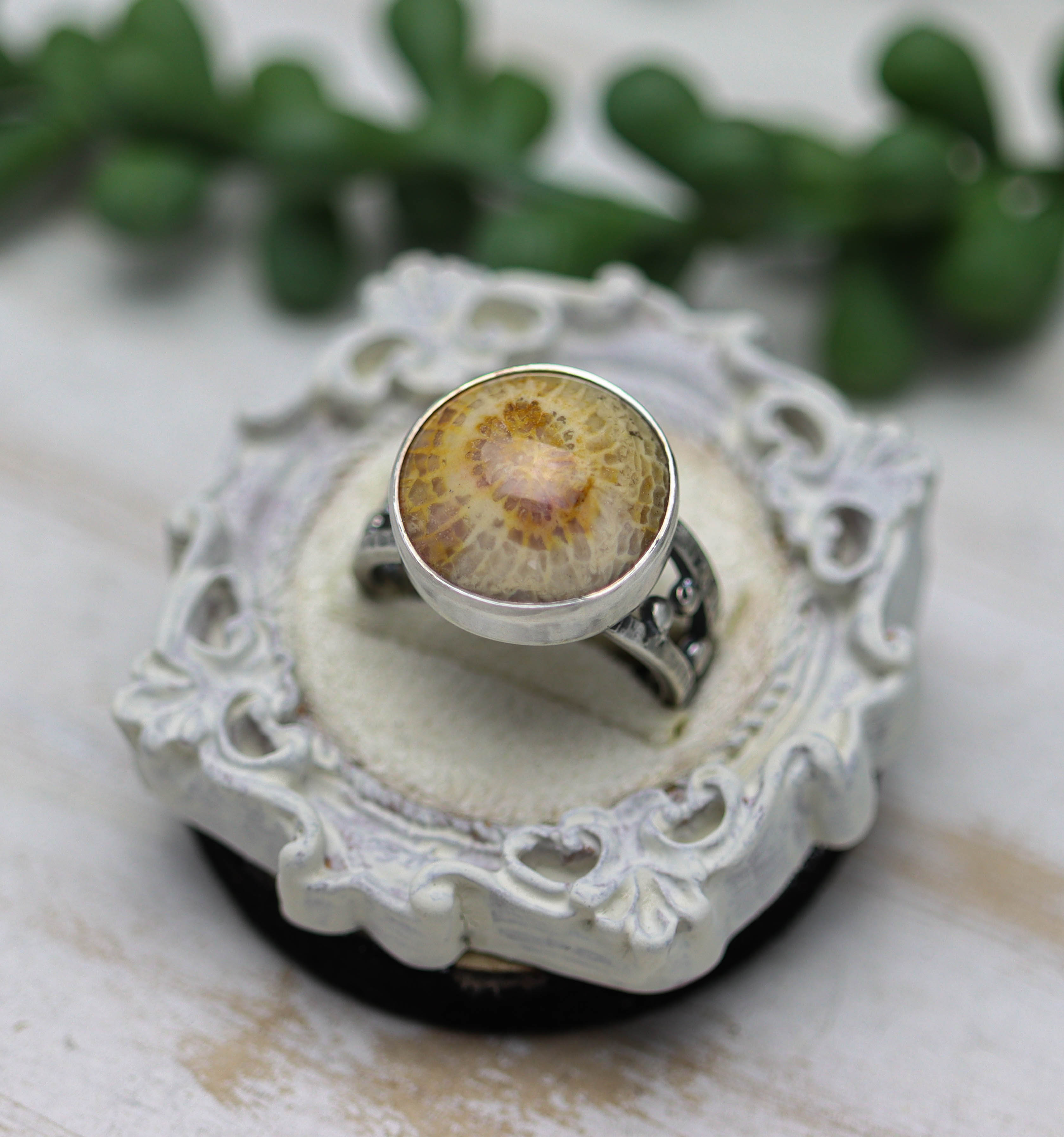 Fossil Coral Sterling Silver Bubble Band Ring Size 7.25