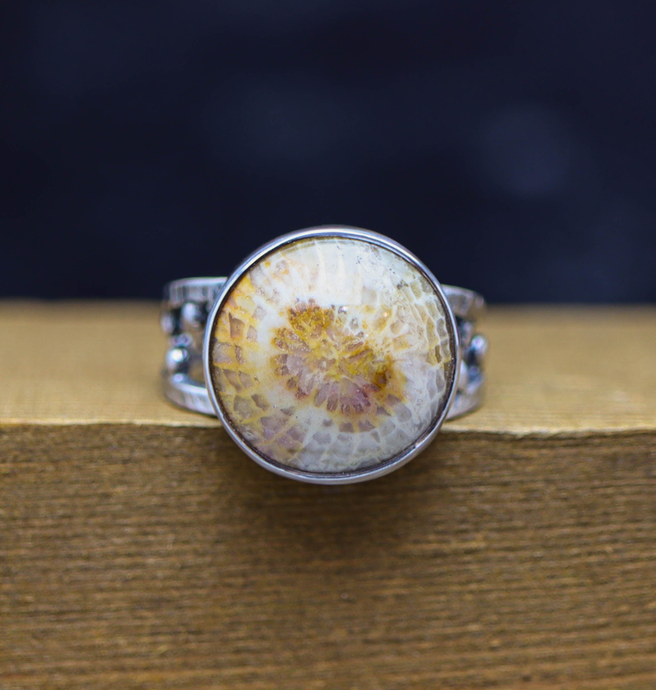 Fossil Coral Sterling Silver Bubble Band Ring Size 7.25