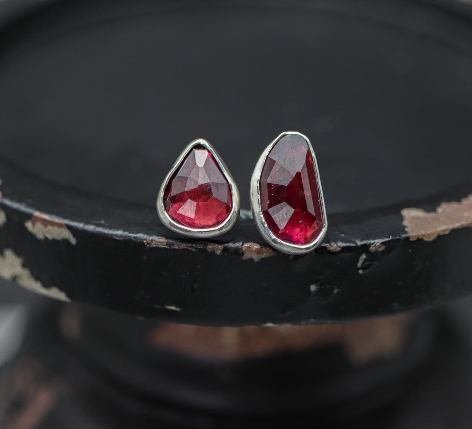 Dark Pink Tourmaline Mismatched Stud Earrings Sterling Silver