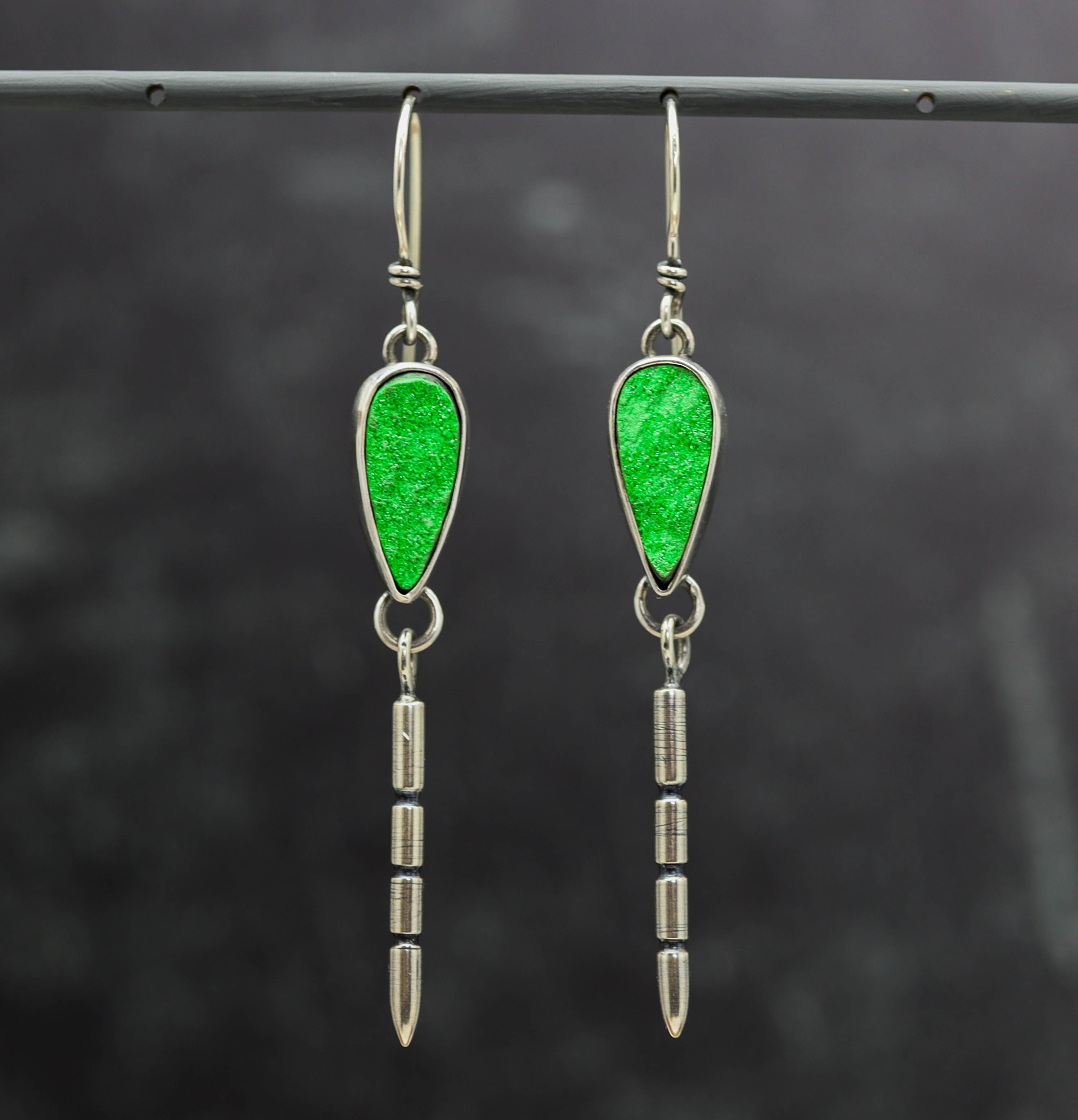 Uvarovite Druzy & Carved Spike Earrings in Sterling Silver