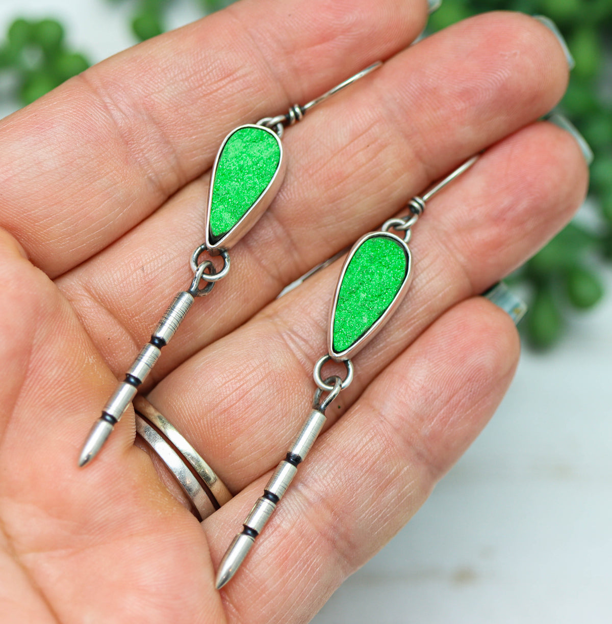 Uvarovite Druzy & Carved Spike Earrings in Sterling Silver