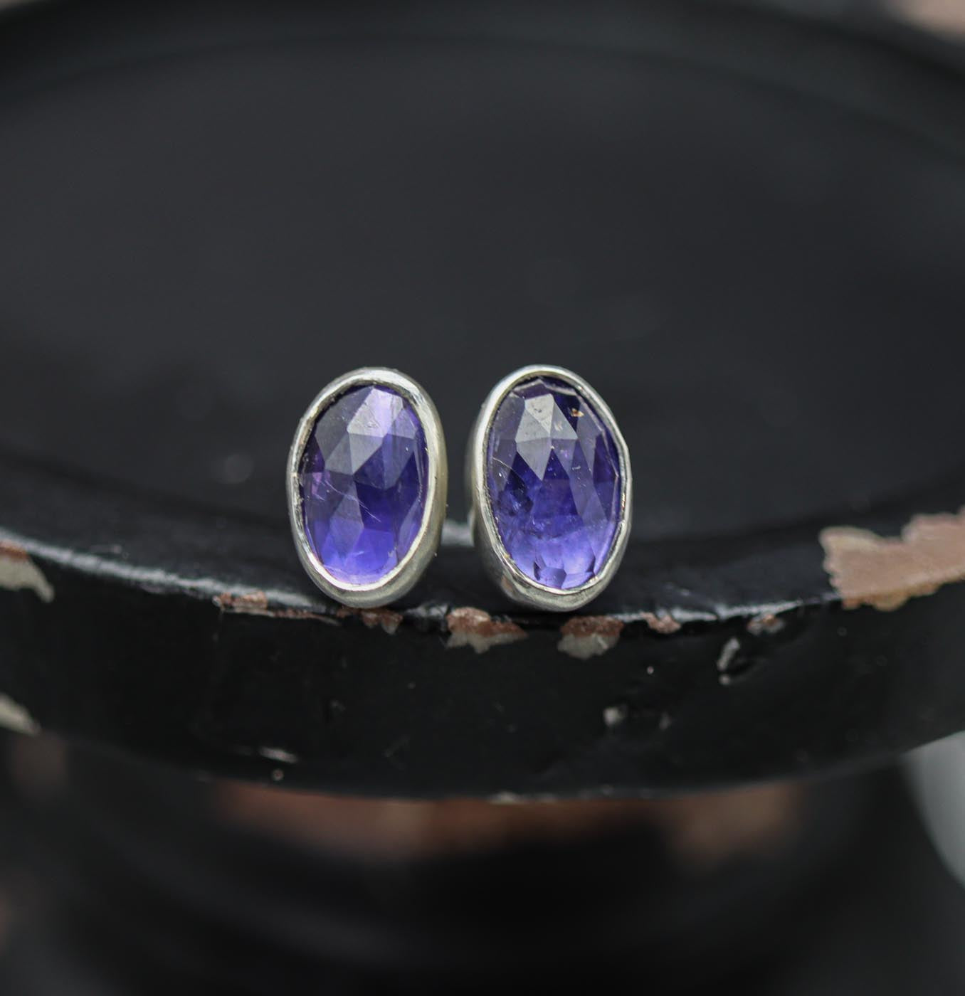 Blue Violet Iolite Stud Earrings Sterling Silver