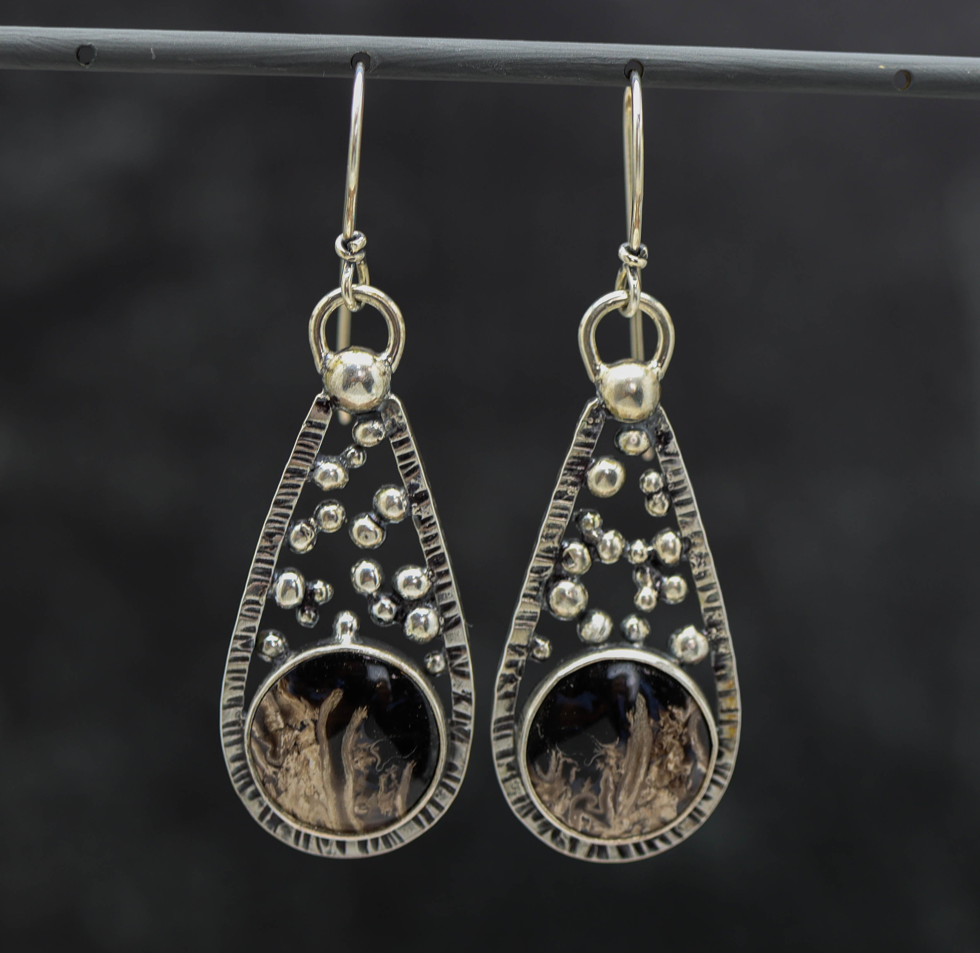 Fossil Palm Wood Dangle Earrings Sterling Silver