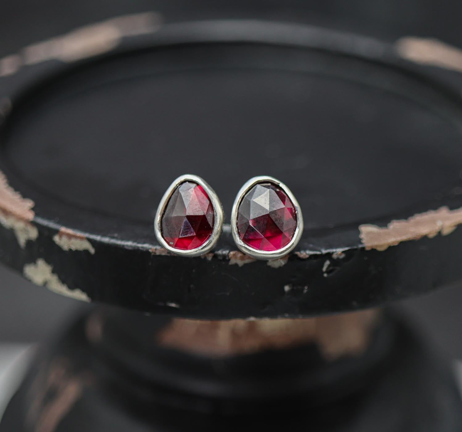 Red Garnet Stud Earrings Sterling Silver