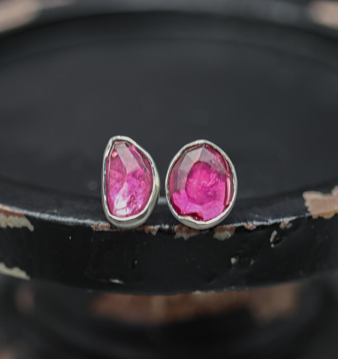 Pink Tourmaline Mismatched Stud Earrings Sterling Silver
